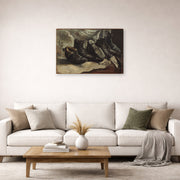 Gallery-wrapped canvas print of Vincent van Gogh's Three Pairs of Shoes displayed on a wall in a living room