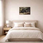 Unframed poster print of Vincent van Gogh's Three Pairs of Shoes displayed on a wall in a bedroom