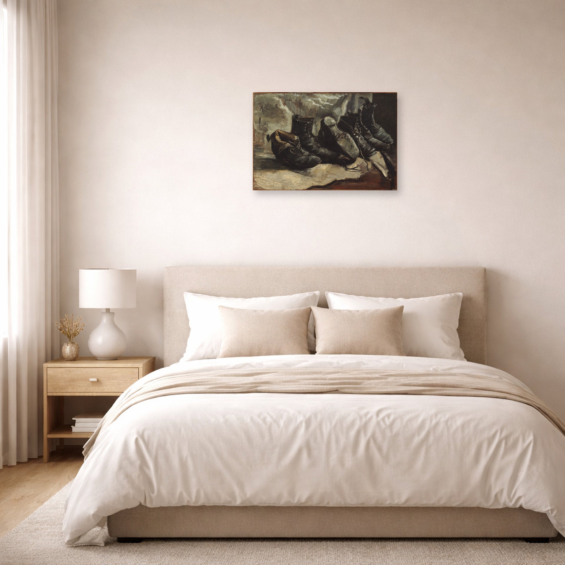 Unframed poster print of Vincent van Gogh's Three Pairs of Shoes displayed on a wall in a bedroom