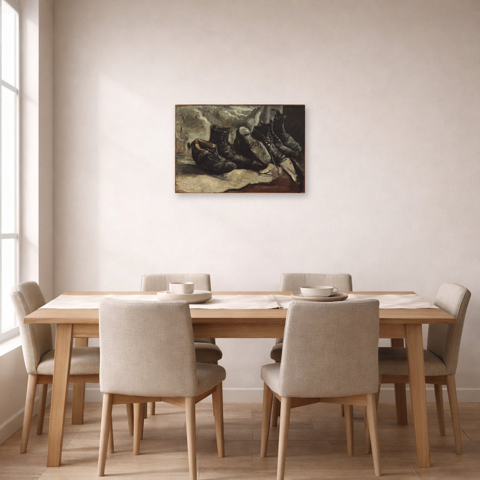 Unframed poster print of Vincent van Gogh's Three Pairs of Shoes displayed on a wall in a dining room