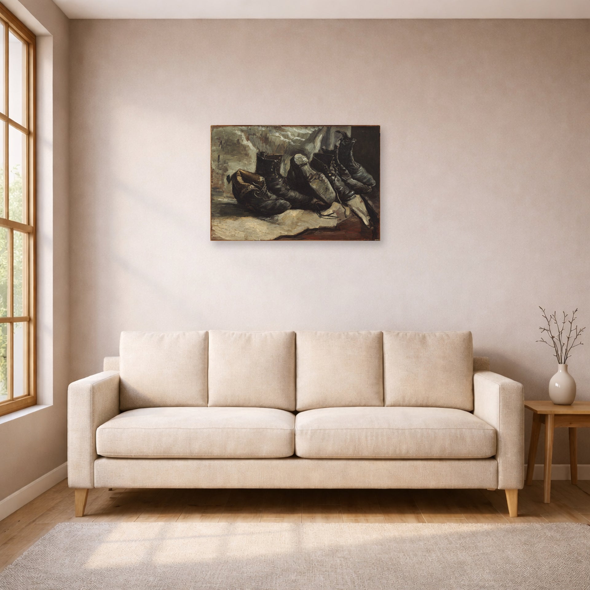 Unframed poster print of Vincent van Gogh's Three Pairs of Shoes displayed on a wall in a living room
