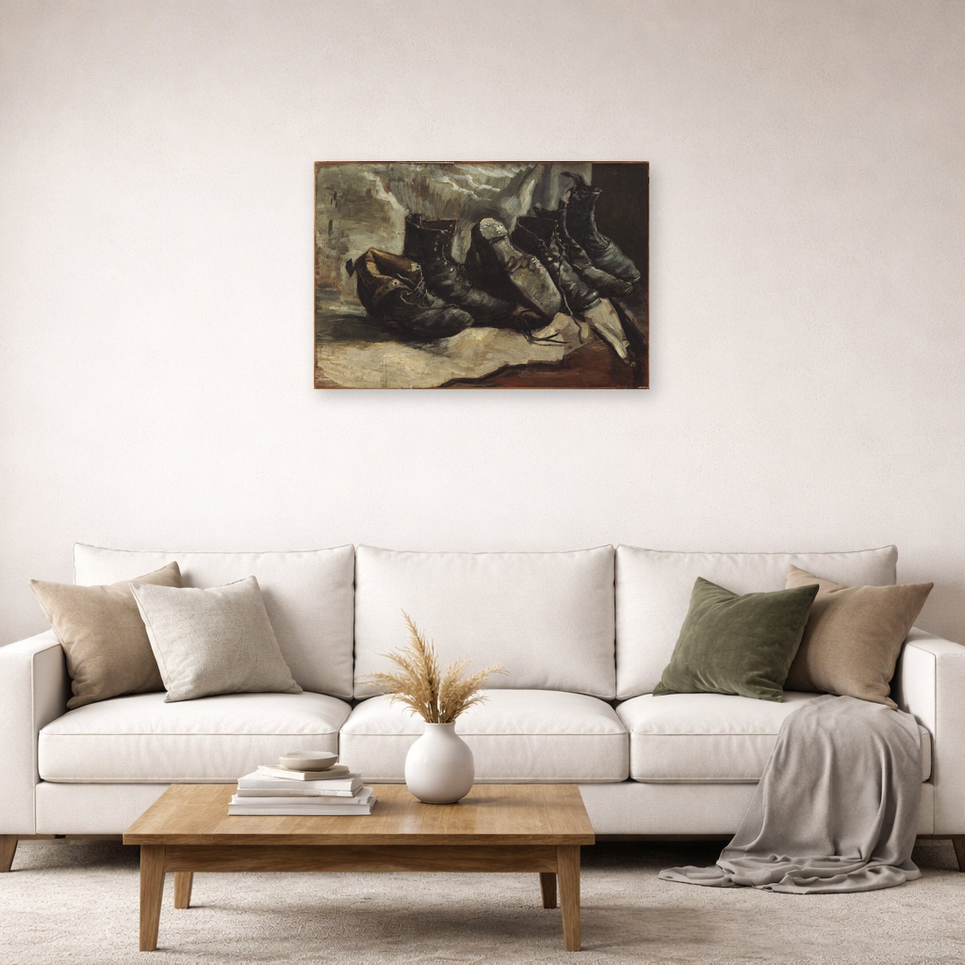 Unframed poster print of Vincent van Gogh's Three Pairs of Shoes displayed on a wall in a living room
