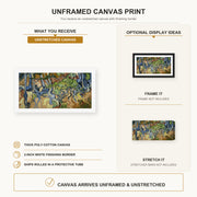 Vincent van Gogh - Tree Roots and Trunks canvas print size comparison and framing display infographic