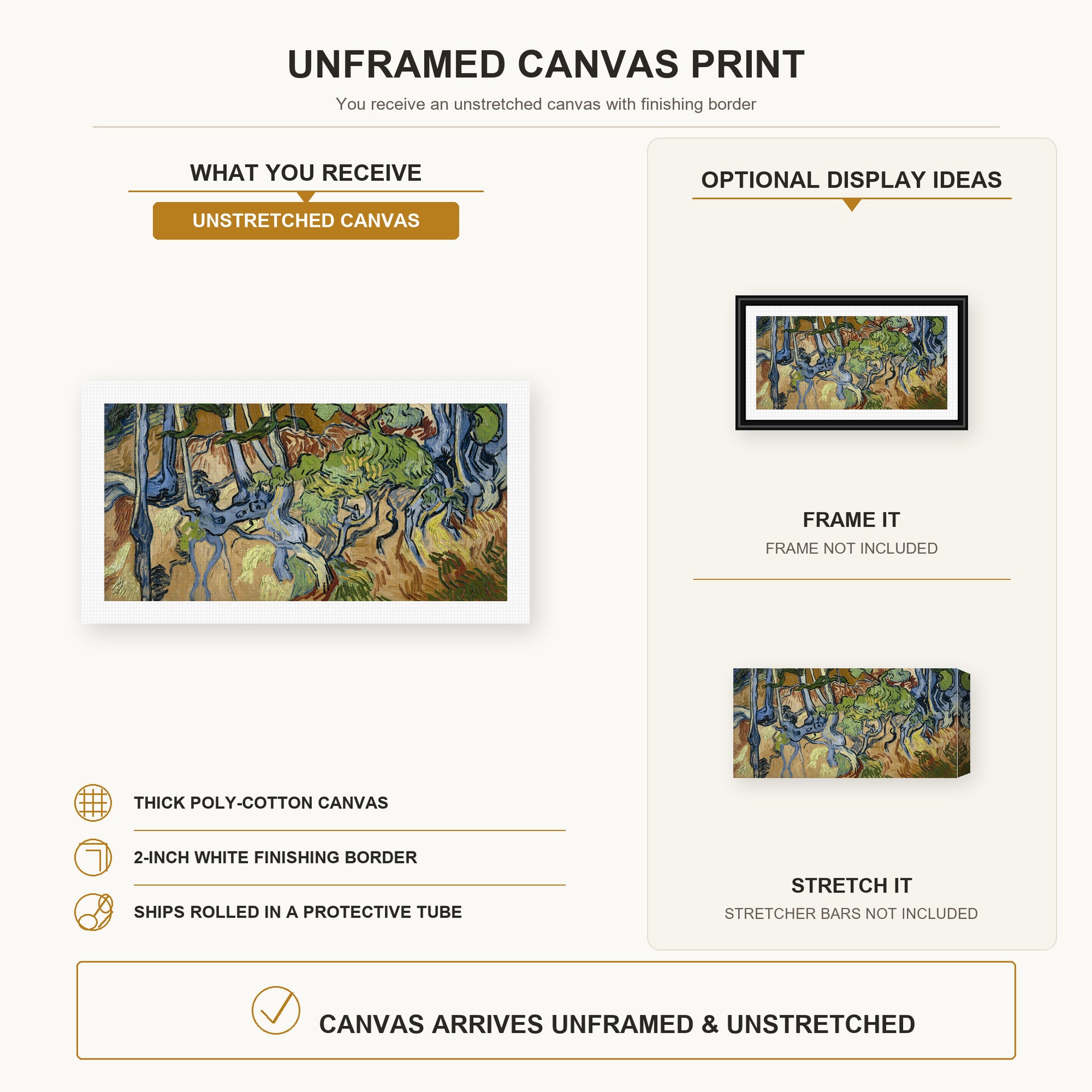 Vincent van Gogh - Tree Roots and Trunks canvas print size comparison and framing display infographic