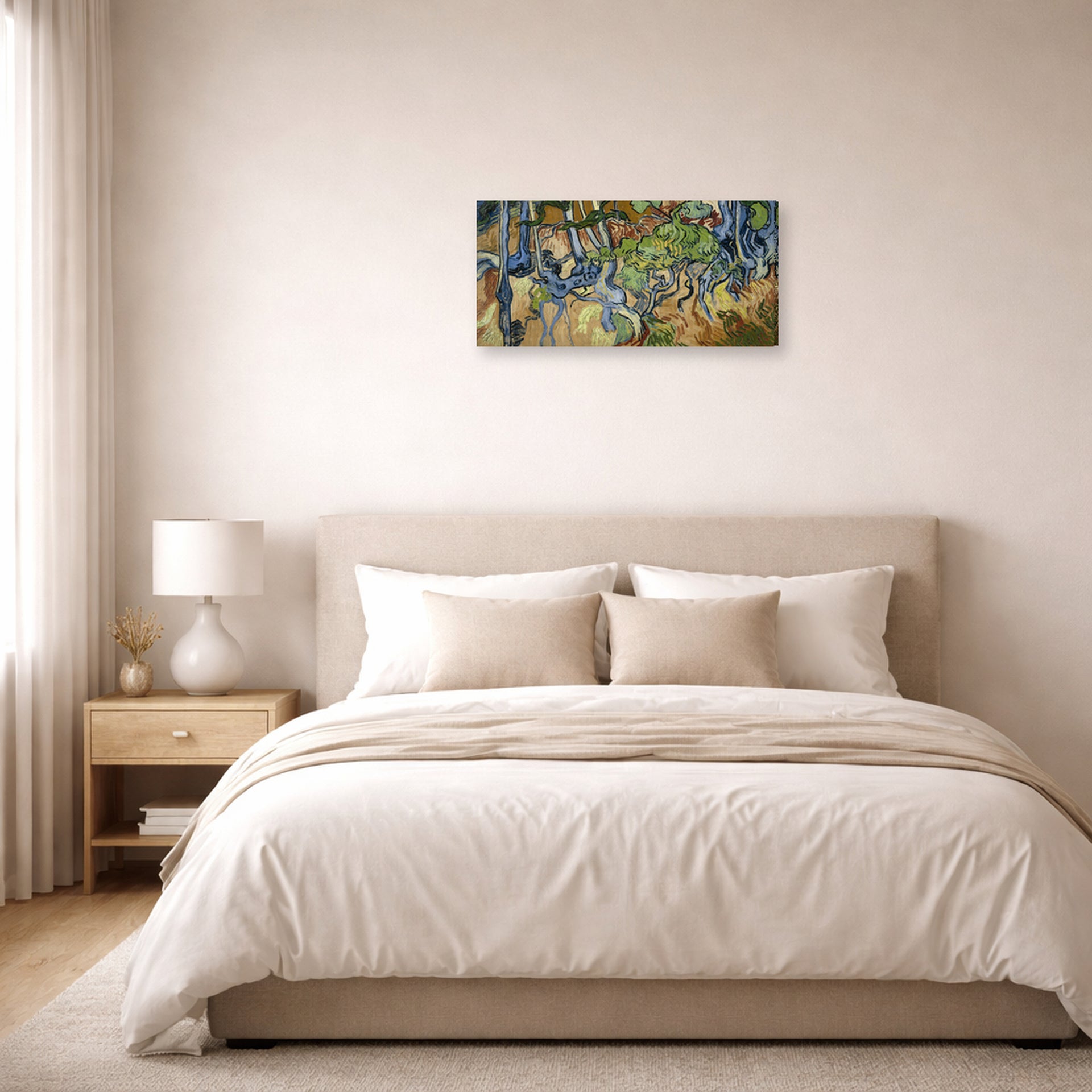 Gallery-wrapped canvas print of Vincent van Gogh's Tree Roots and Trunks displayed on a wall in a bedroom