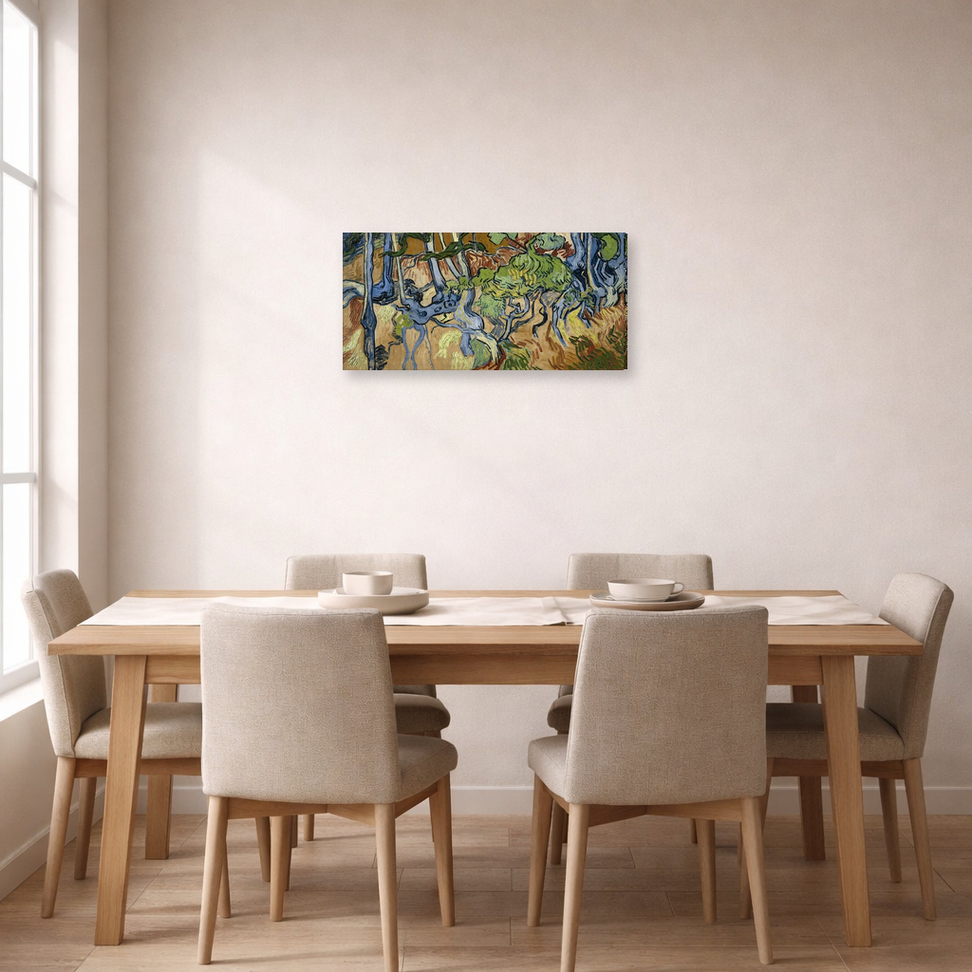 Gallery-wrapped canvas print of Vincent van Gogh's Tree Roots and Trunks displayed on a wall in a dining room