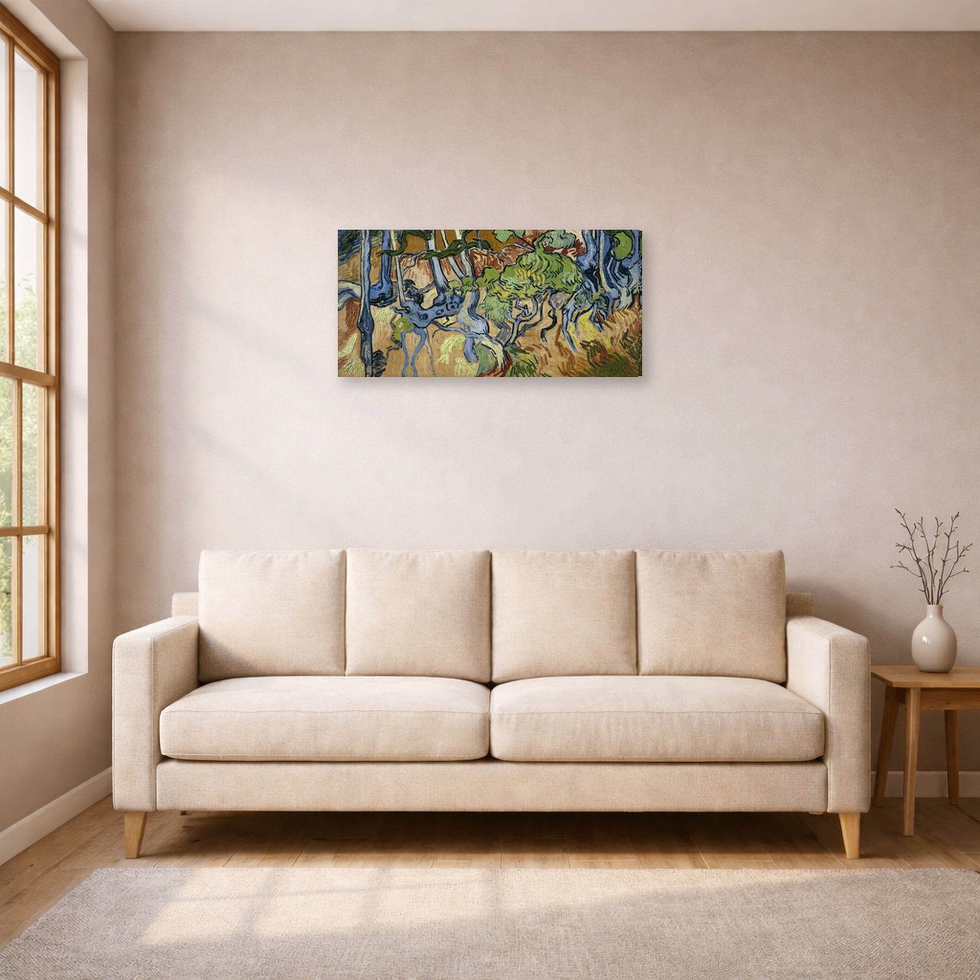 Gallery-wrapped canvas print of Vincent van Gogh's Tree Roots and Trunks displayed on a wall in a living room