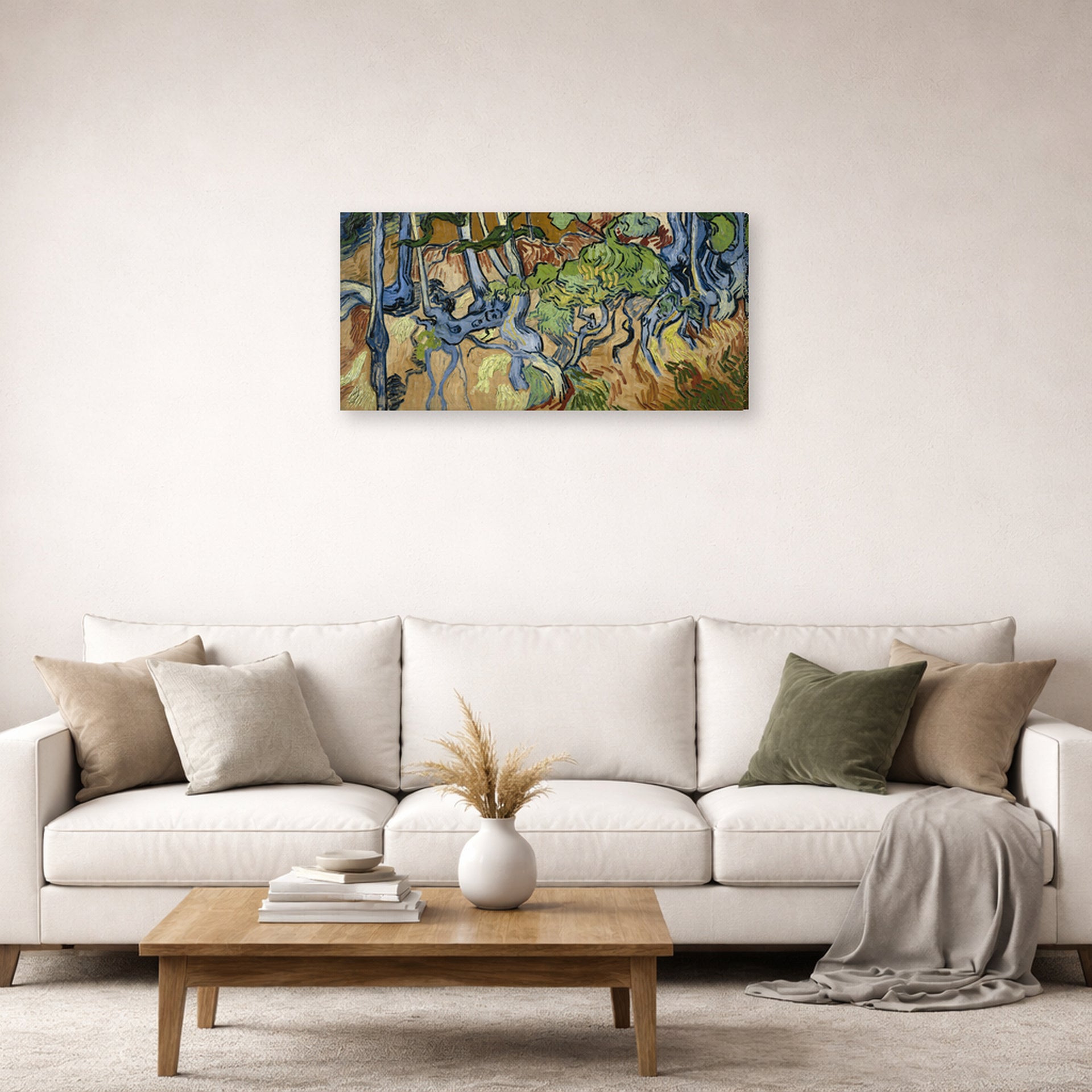Gallery-wrapped canvas print of Vincent van Gogh's Tree Roots and Trunks displayed on a wall in a living room