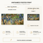 Vincent van Gogh - Tree Roots and Trunks poster print size comparison and framing display infographic