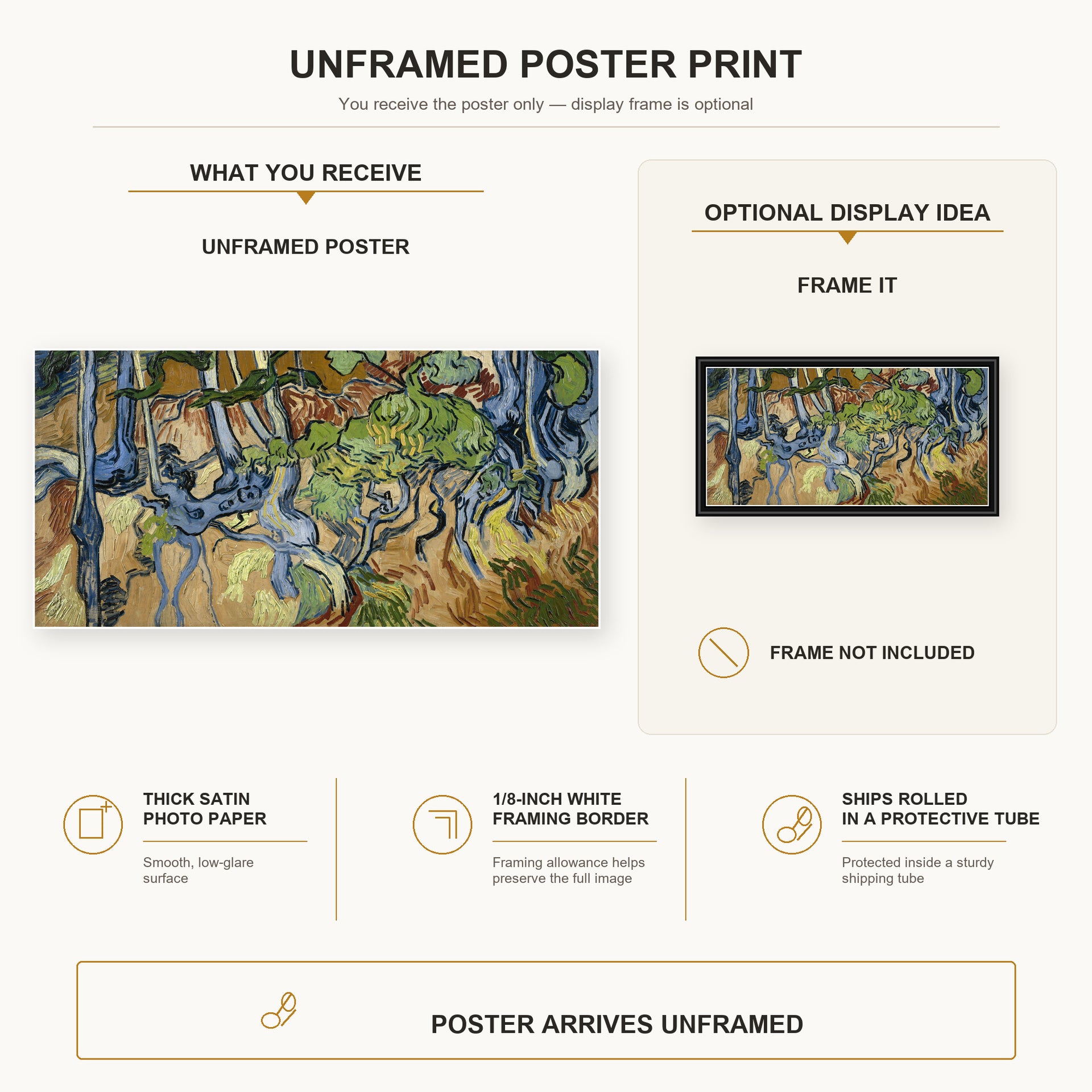 Vincent van Gogh - Tree Roots and Trunks poster print size comparison and framing display infographic