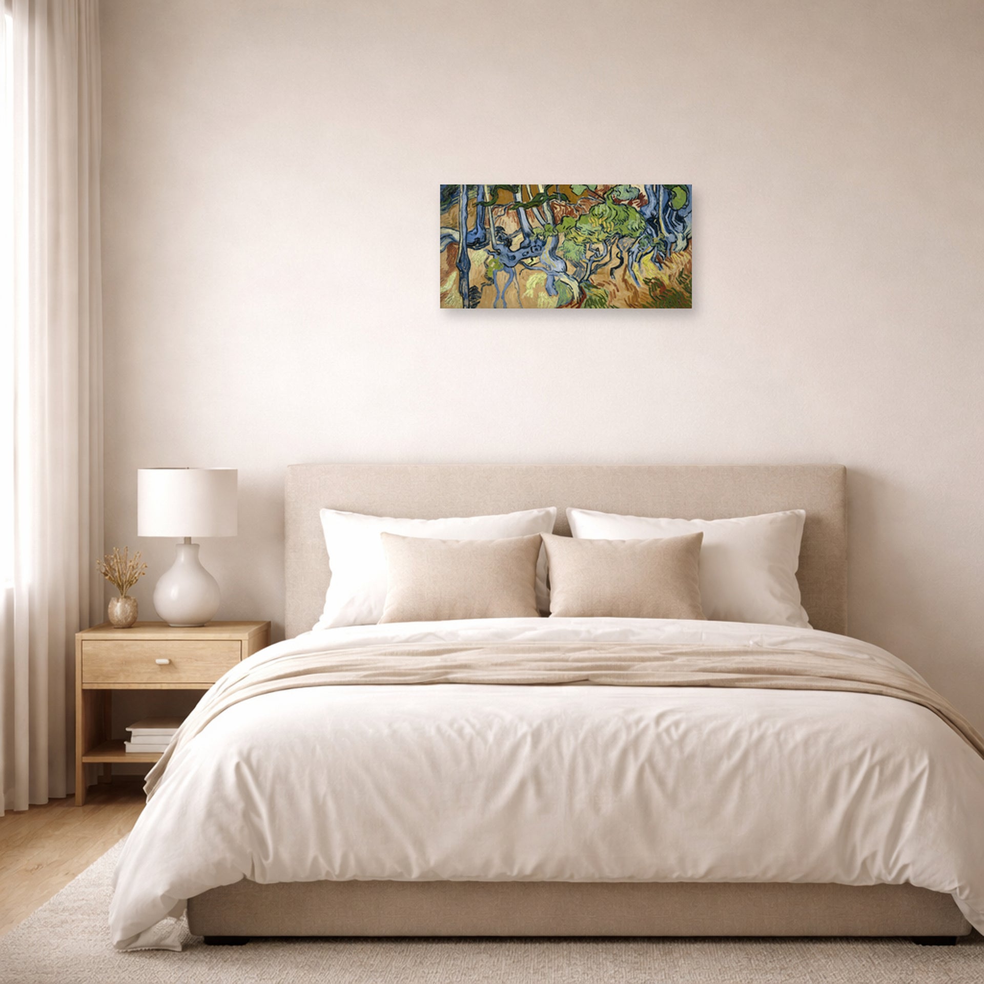 Unframed poster print of Vincent van Gogh's Tree Roots and Trunks displayed on a wall in a bedroom