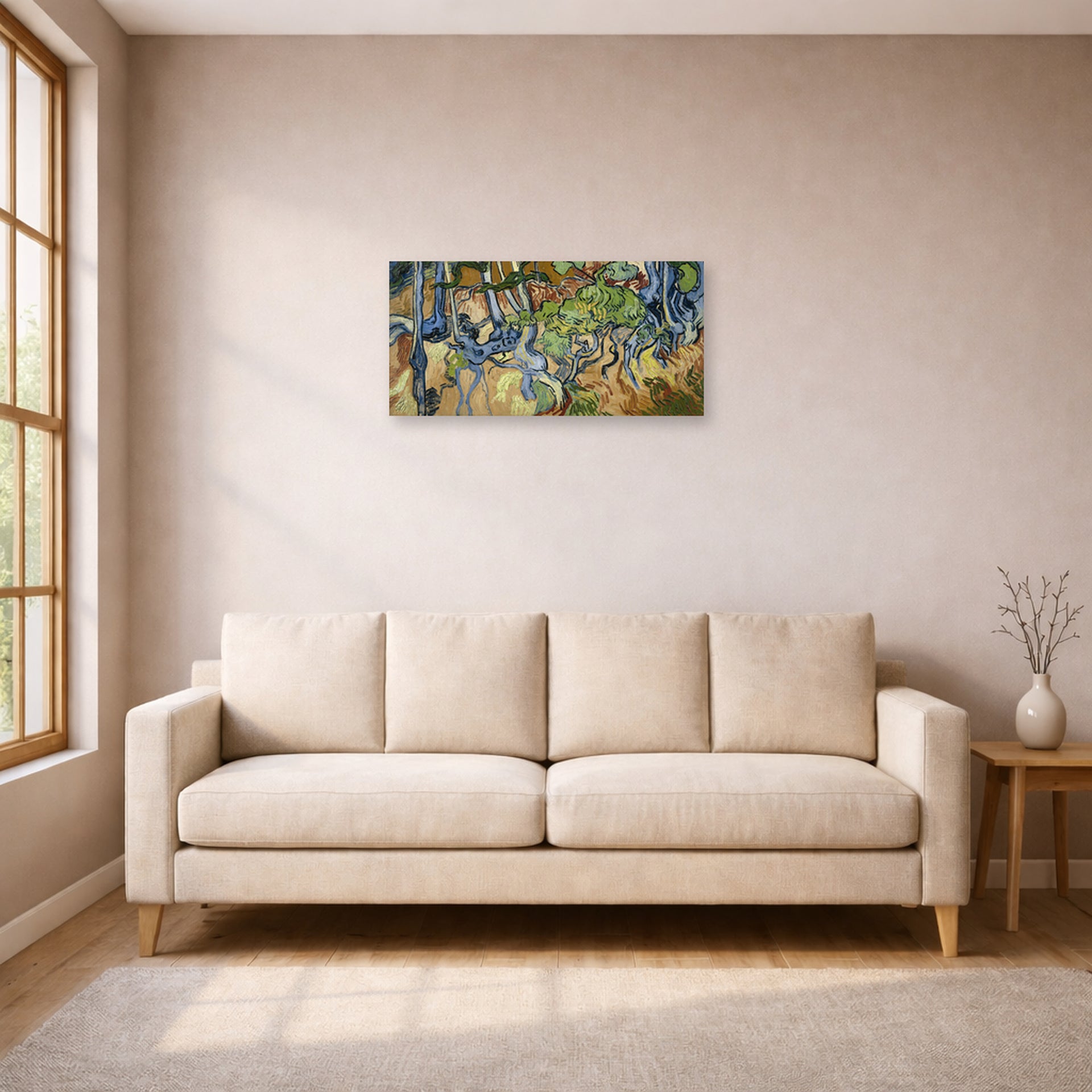 Unframed poster print of Vincent van Gogh's Tree Roots and Trunks displayed on a wall in a living room