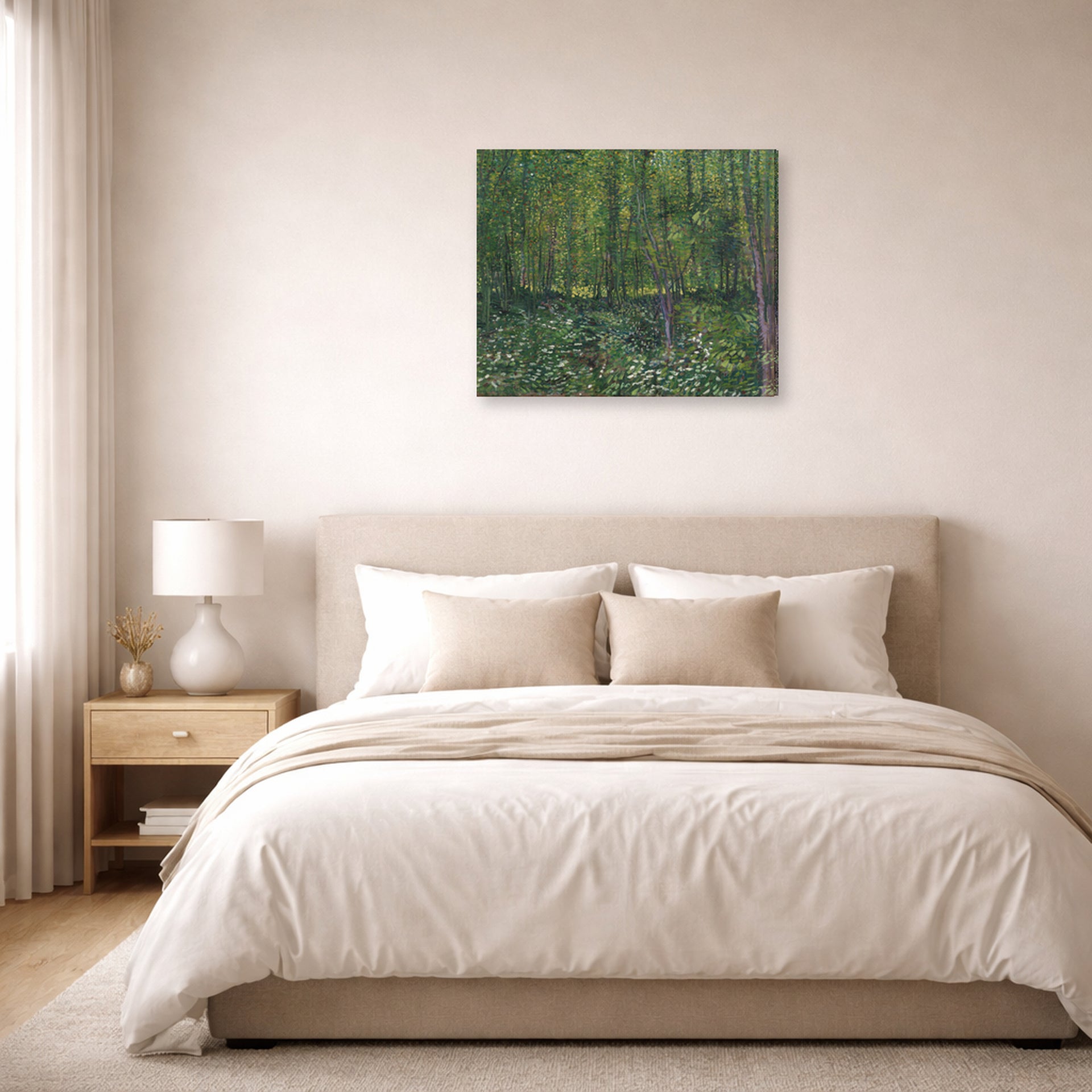 Gallery-wrapped canvas print of Vincent van Gogh's Trees and Undergrowth displayed on a wall in a bedroom