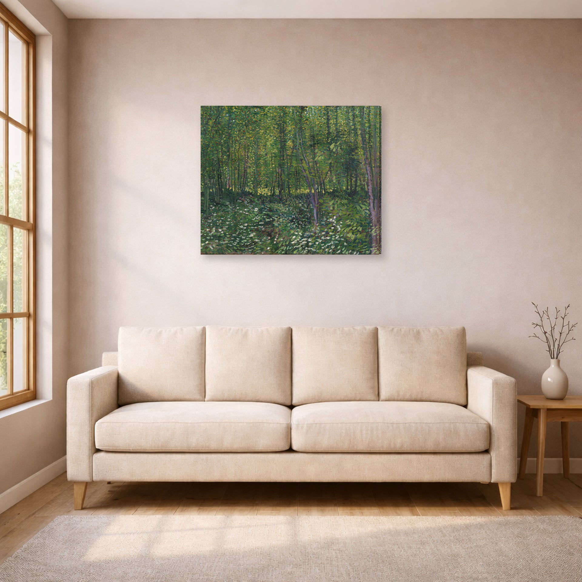 Gallery-wrapped canvas print of Vincent van Gogh's Trees and Undergrowth displayed on a wall in a living room