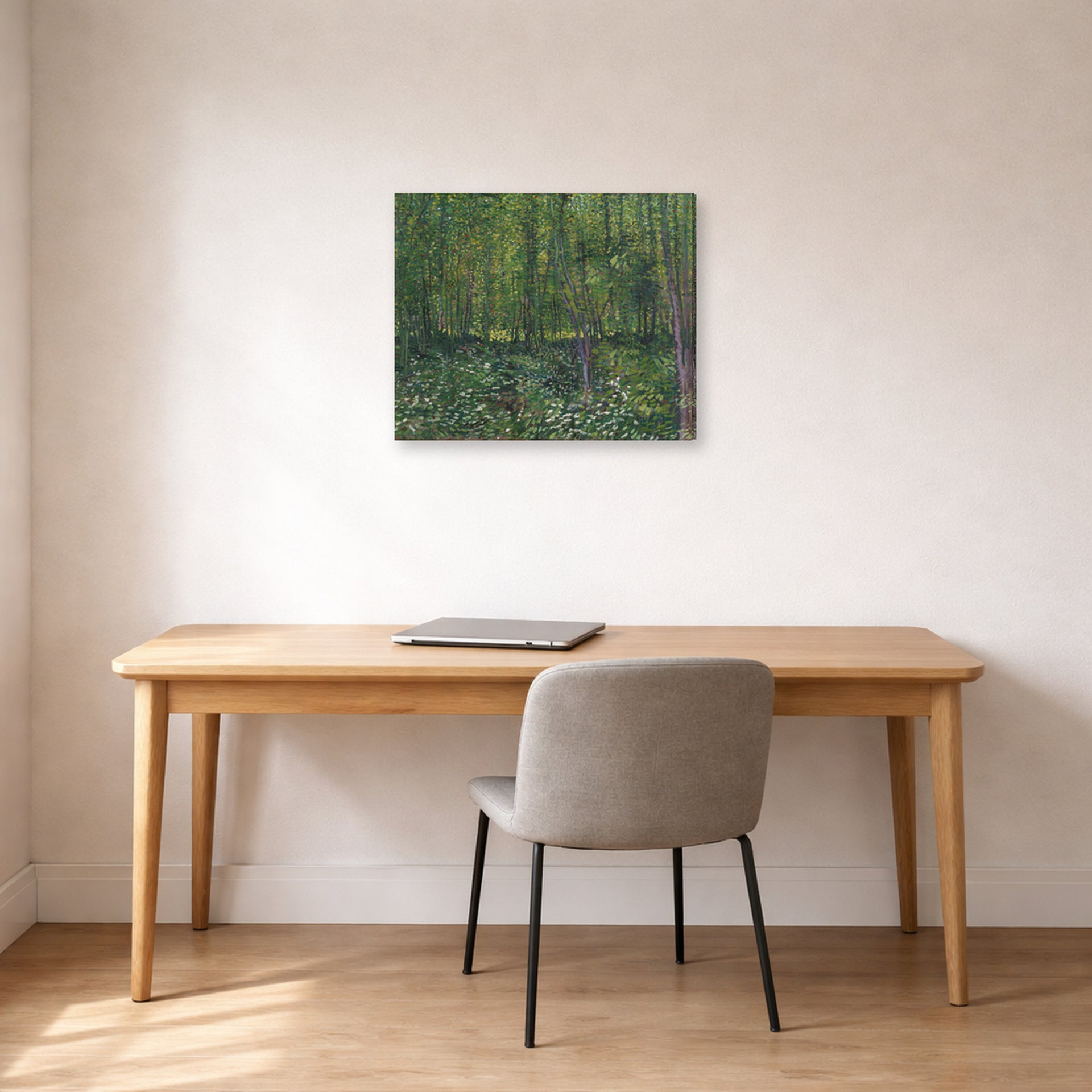 Gallery-wrapped canvas print of Vincent van Gogh's Trees and Undergrowth displayed on a wall in a home office