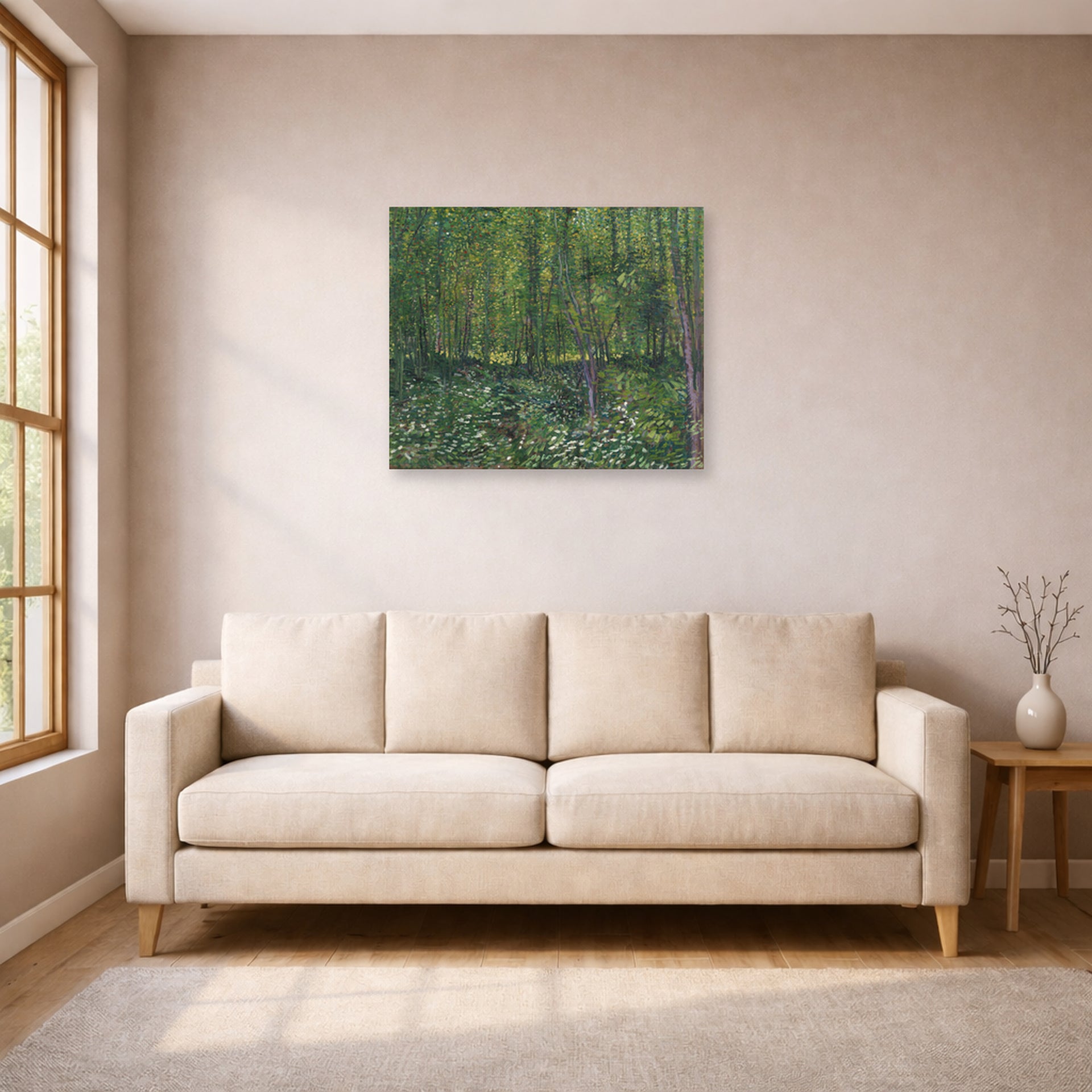 Unframed poster print of Vincent van Gogh's Trees and Undergrowth displayed on a wall in a living room