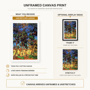 Vincent van Gogh - Trees in the Garden of Saint Paul Hospital canvas print size comparison and framing display infographic