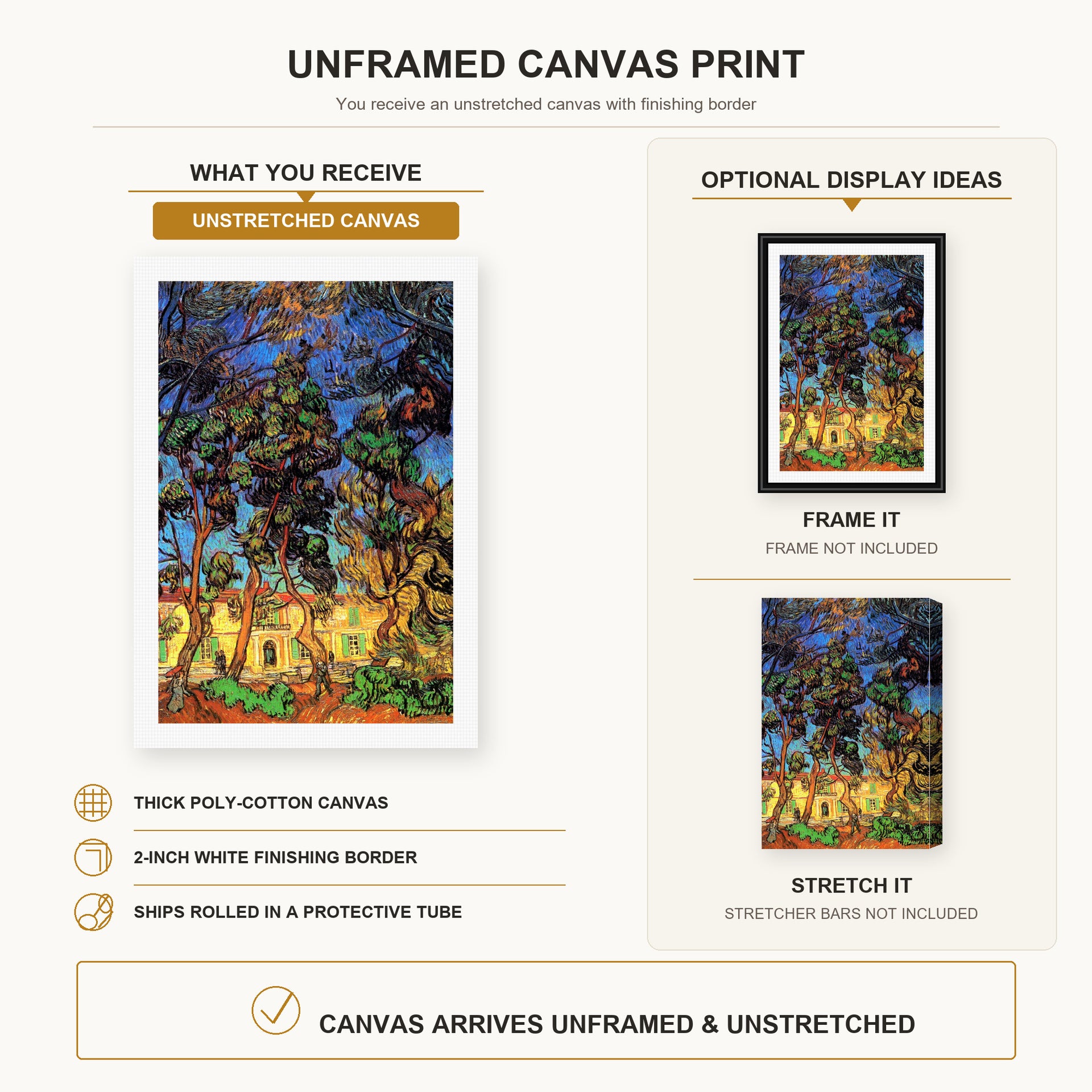 Vincent van Gogh - Trees in the Garden of Saint Paul Hospital canvas print size comparison and framing display infographic