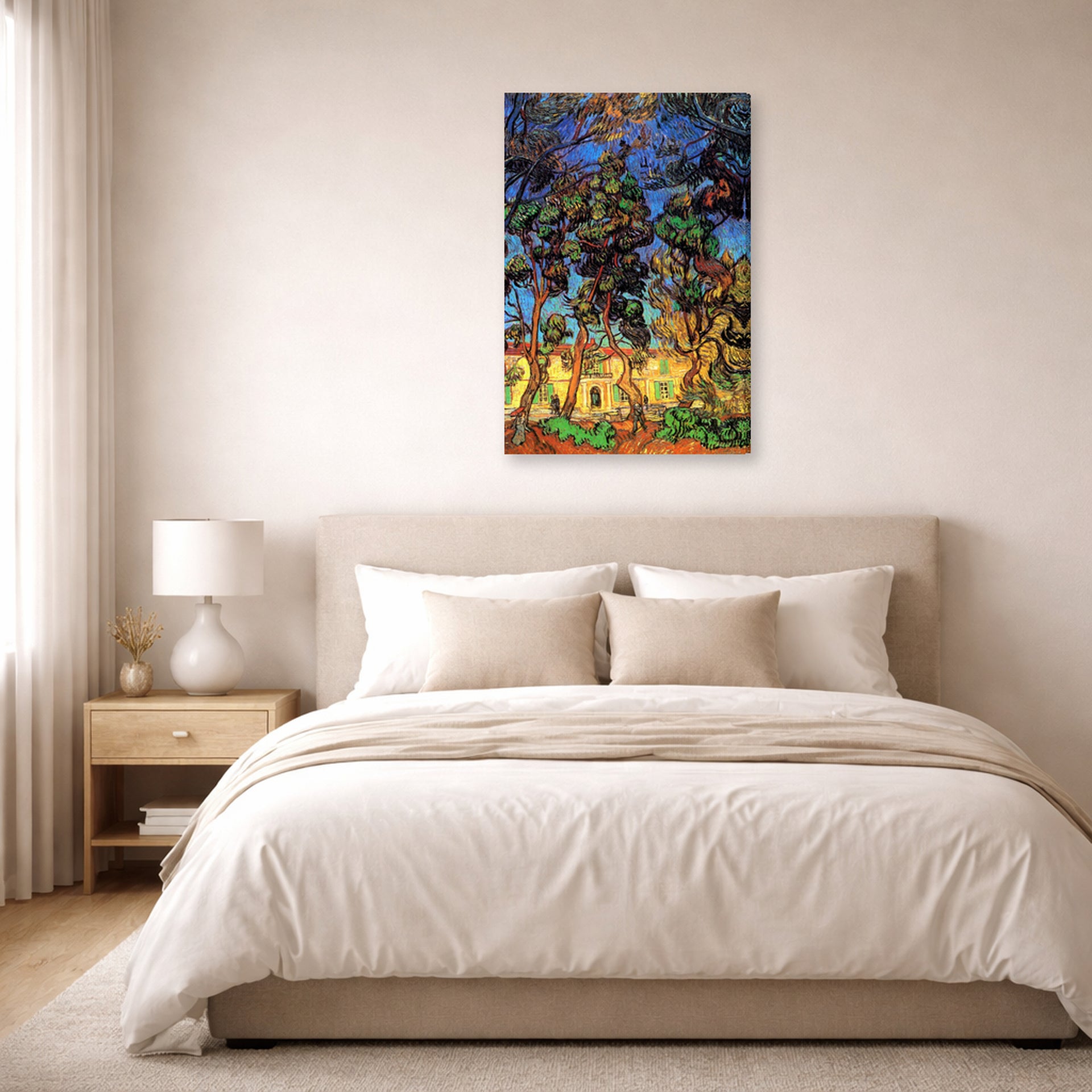 Gallery-wrapped canvas print of Vincent van Gogh's Trees in the Garden of Saint Paul Hospital displayed on a wall in a bedroom