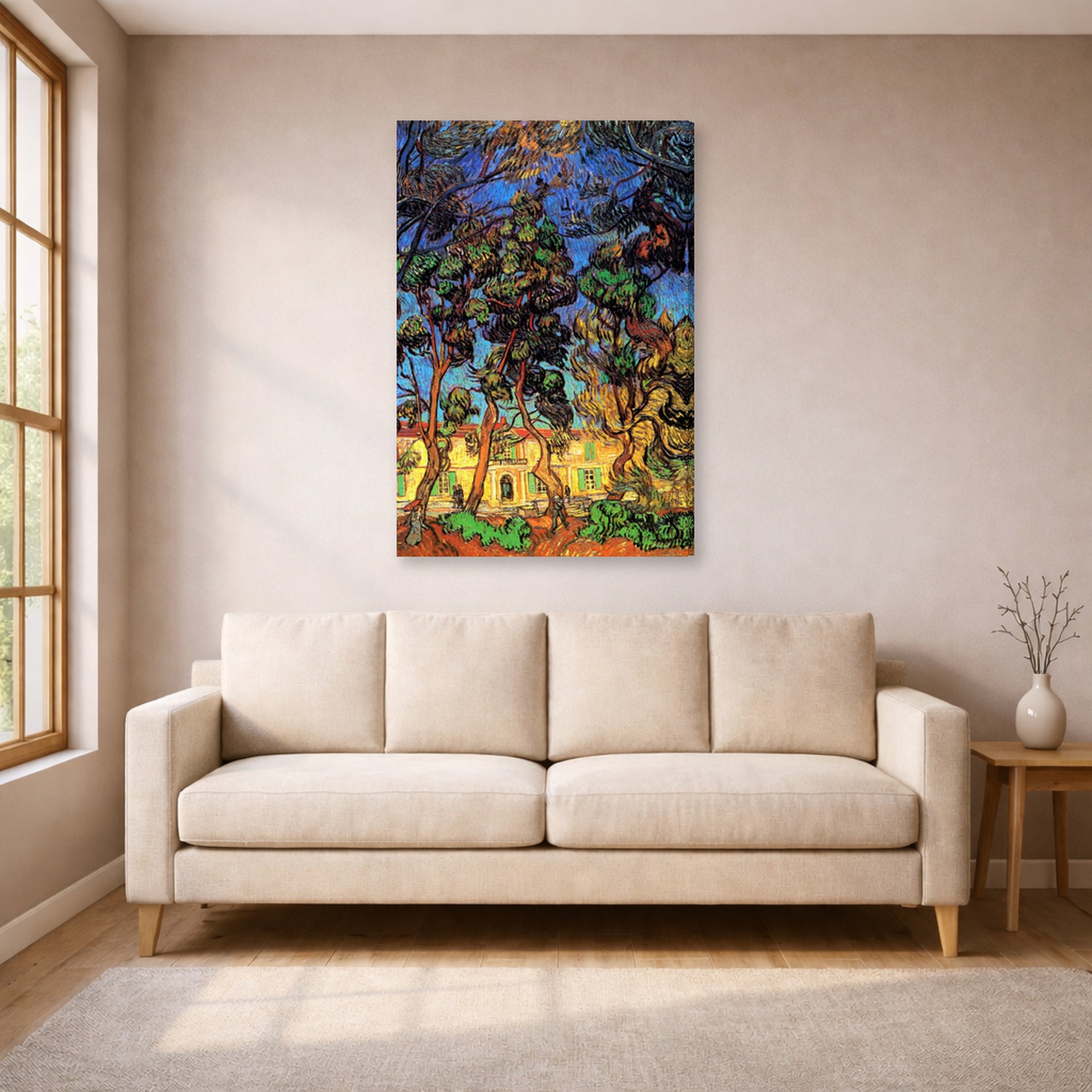 Gallery-wrapped canvas print of Vincent van Gogh's Trees in the Garden of Saint Paul Hospital displayed on a wall in a living room