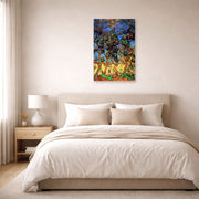 Unframed poster print of Vincent van Gogh's Trees in the Garden of Saint Paul Hospital displayed on a wall in a bedroom