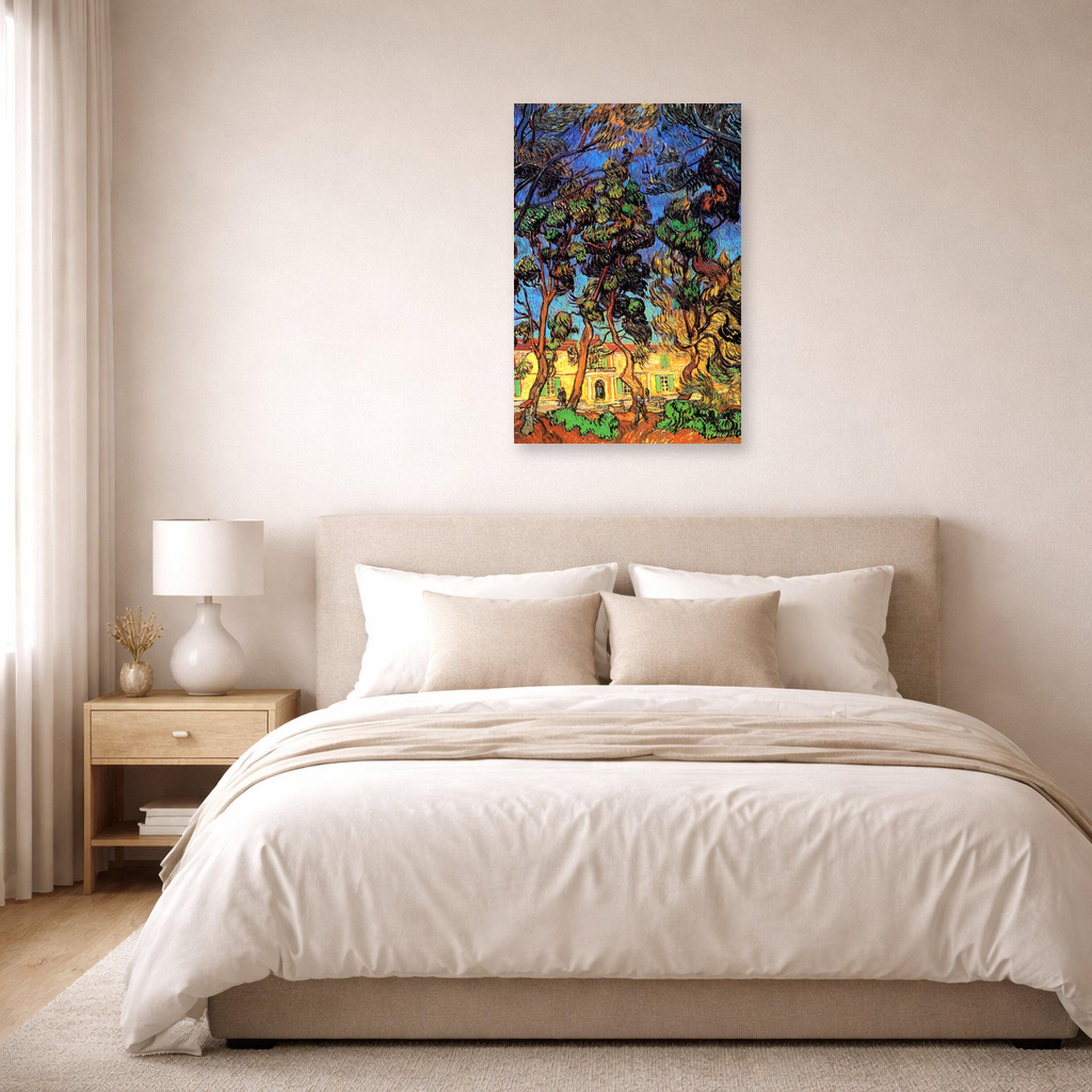 Unframed poster print of Vincent van Gogh's Trees in the Garden of Saint Paul Hospital displayed on a wall in a bedroom