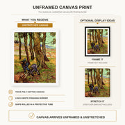 Vincent van Gogh - Two Diggers Among Trees canvas print size comparison and framing display infographic