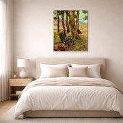 Gallery-wrapped canvas print of Vincent van Gogh's Two Diggers Among Trees displayed on a wall in a bedroom