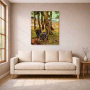 Gallery-wrapped canvas print of Vincent van Gogh's Two Diggers Among Trees displayed on a wall in a living room