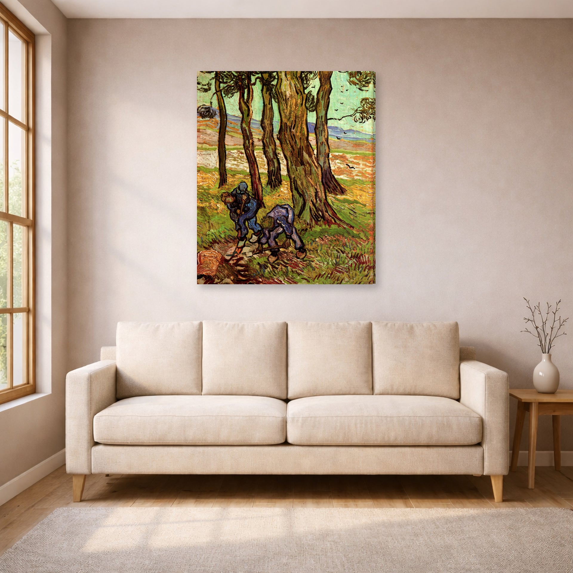 Gallery-wrapped canvas print of Vincent van Gogh's Two Diggers Among Trees displayed on a wall in a living room