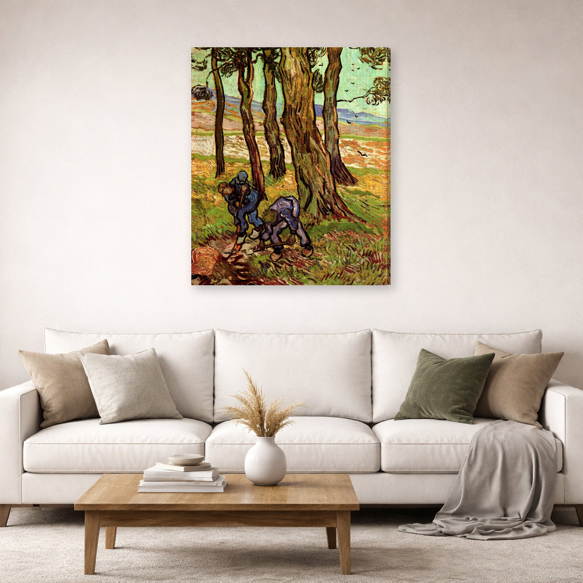 Gallery-wrapped canvas print of Vincent van Gogh's Two Diggers Among Trees displayed on a wall in a living room