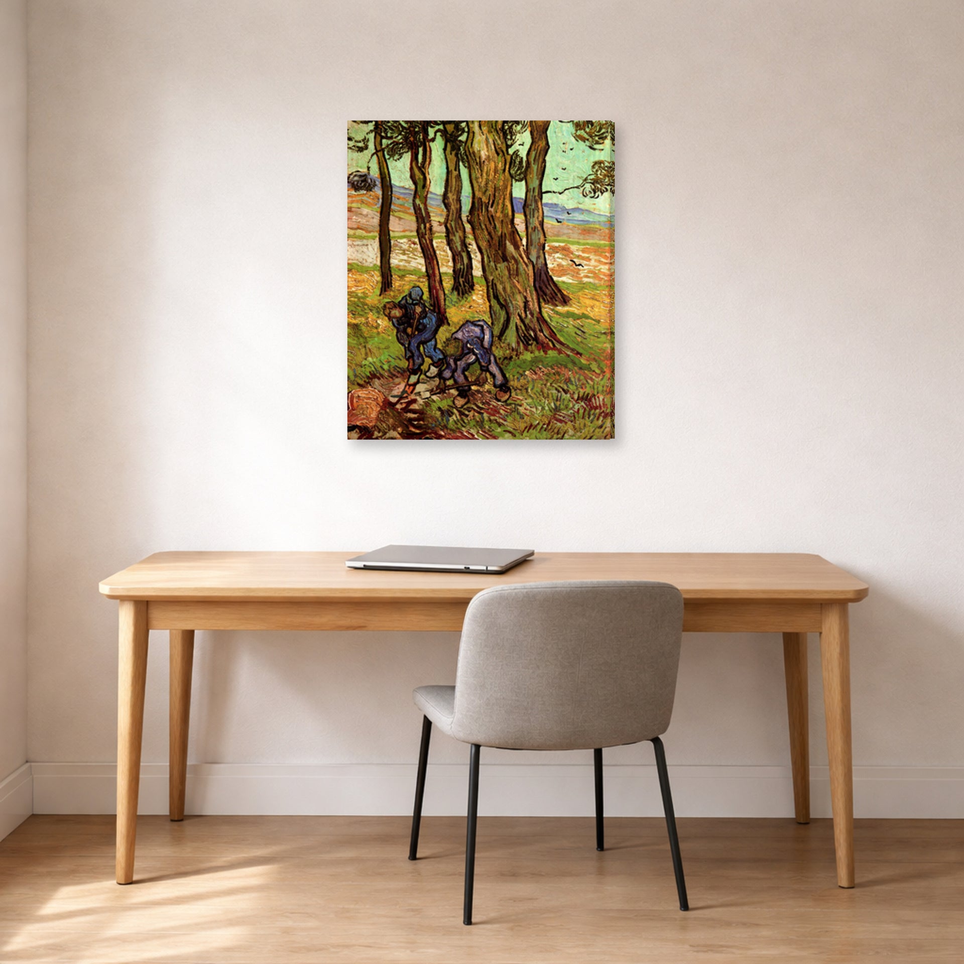 Gallery-wrapped canvas print of Vincent van Gogh's Two Diggers Among Trees displayed on a wall in a home office