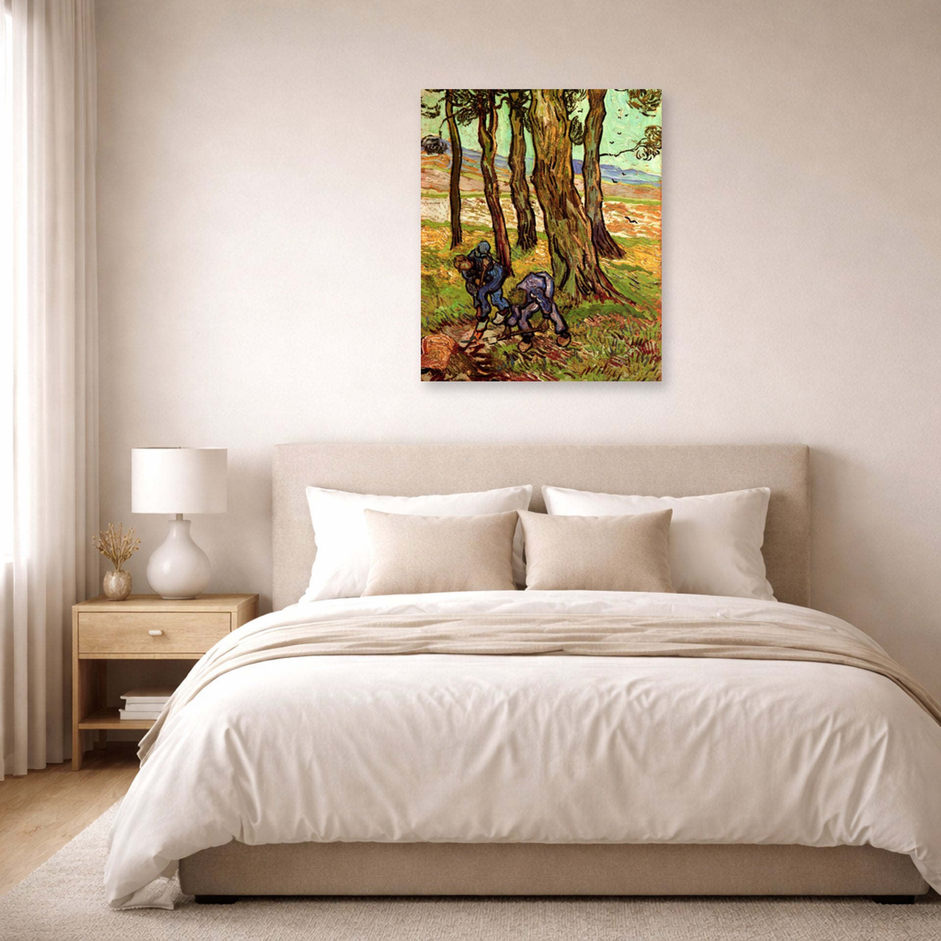 Unframed poster print of Vincent van Gogh's Two Diggers Among Trees displayed on a wall in a bedroom
