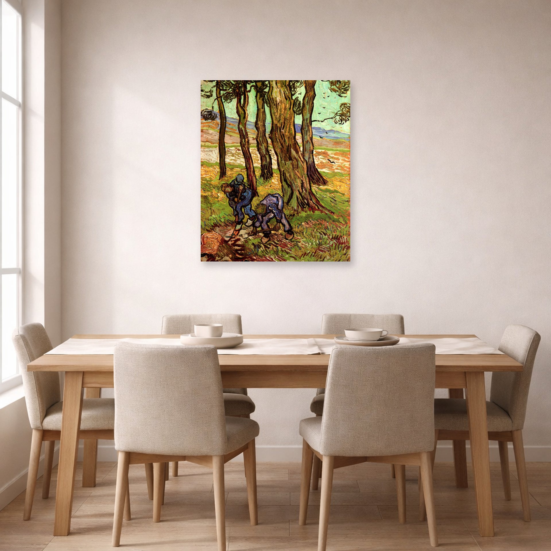 Unframed poster print of Vincent van Gogh's Two Diggers Among Trees displayed on a wall in a dining room