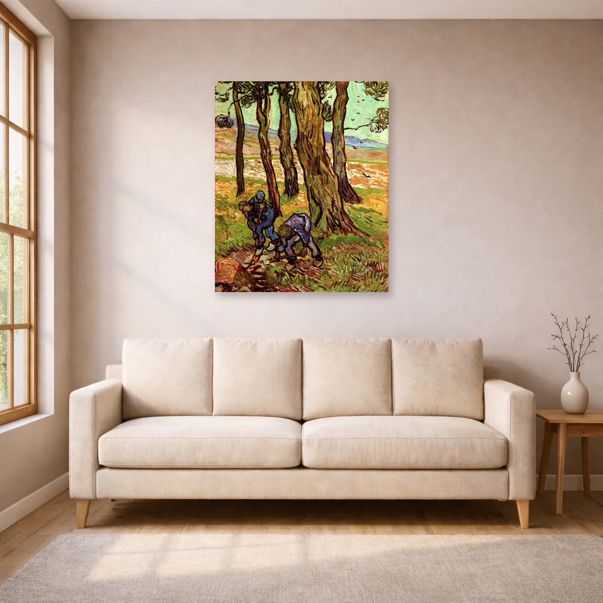 Unframed poster print of Vincent van Gogh's Two Diggers Among Trees displayed on a wall in a living room