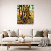 Unframed poster print of Vincent van Gogh's Two Diggers Among Trees displayed on a wall in a living room