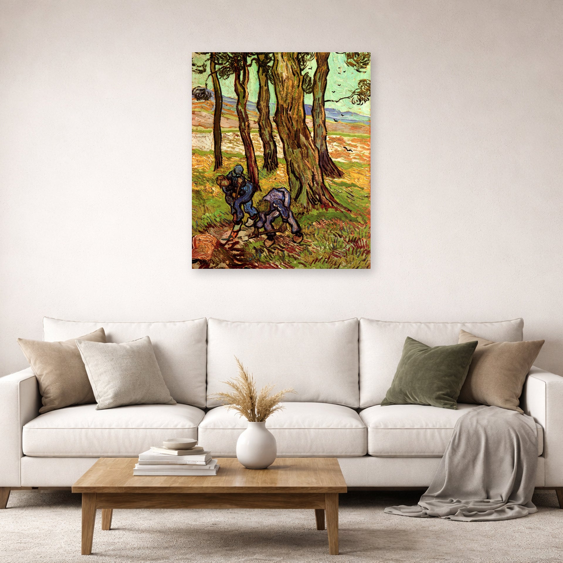 Unframed poster print of Vincent van Gogh's Two Diggers Among Trees displayed on a wall in a living room