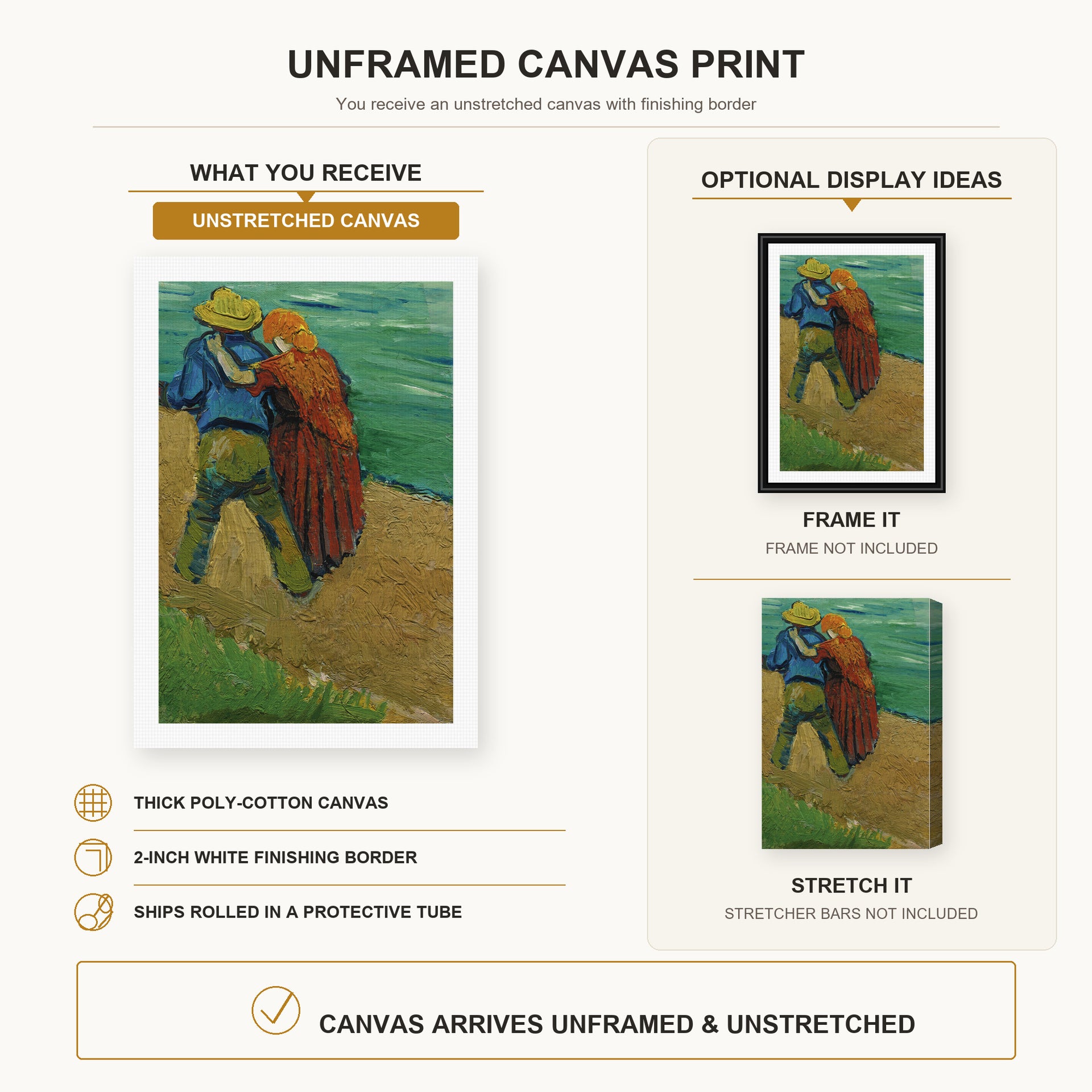 Vincent van Gogh - Two Lovers canvas print size comparison and framing display infographic