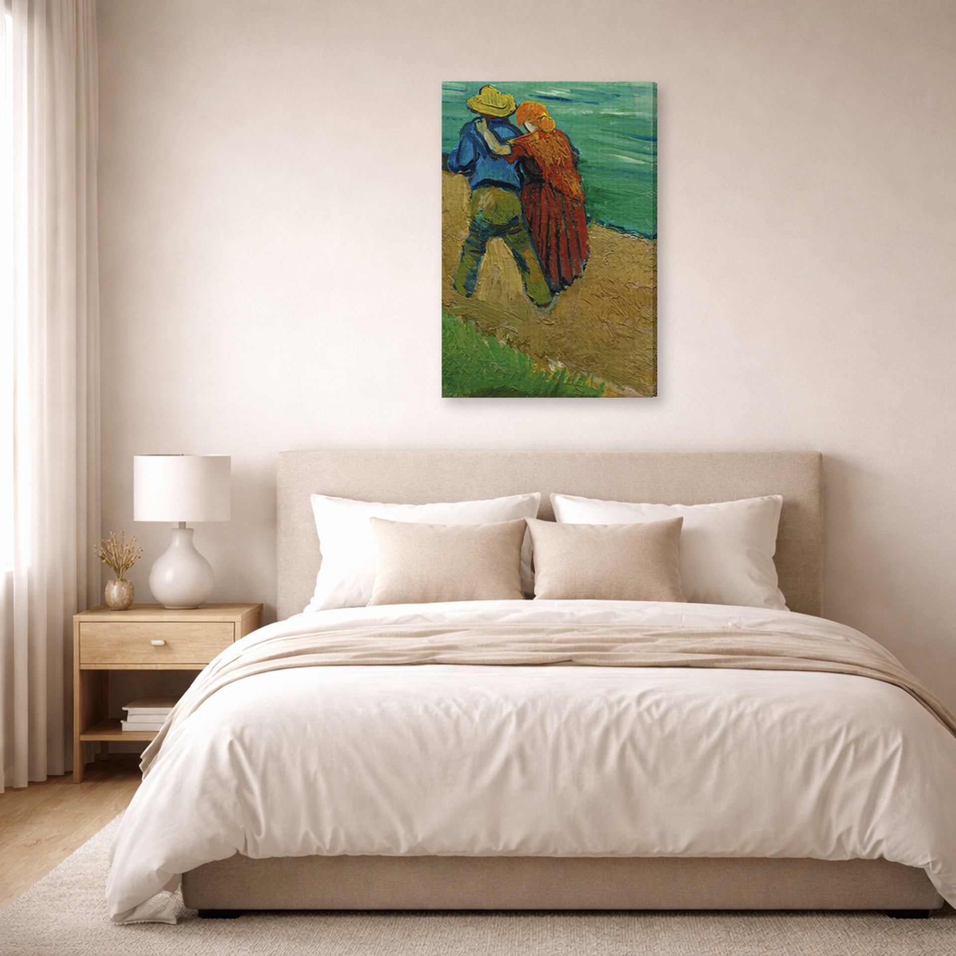 Gallery-wrapped canvas print of Vincent van Gogh's Two Lovers displayed on a wall in a bedroom