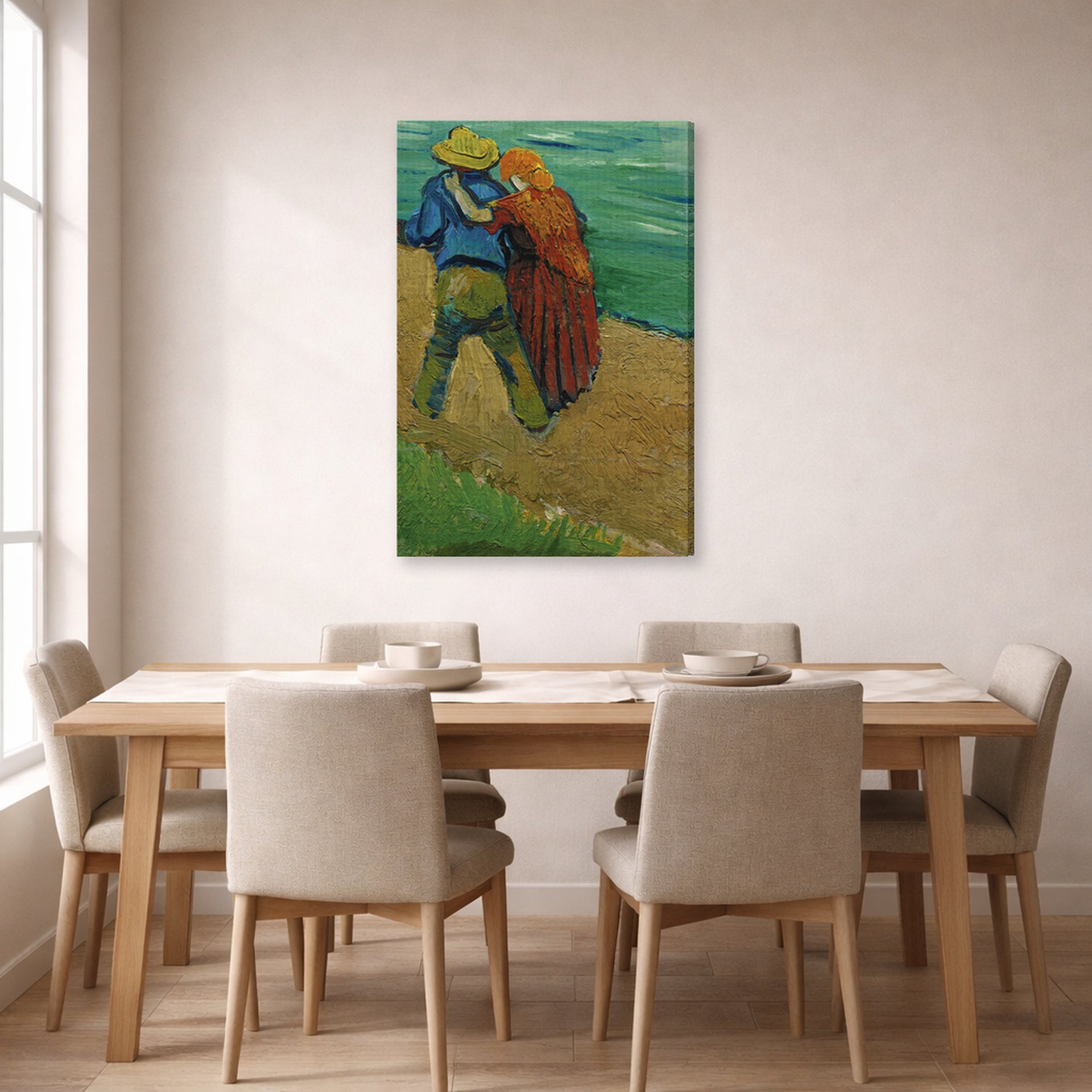 Gallery-wrapped canvas print of Vincent van Gogh's Two Lovers displayed on a wall in a dining room
