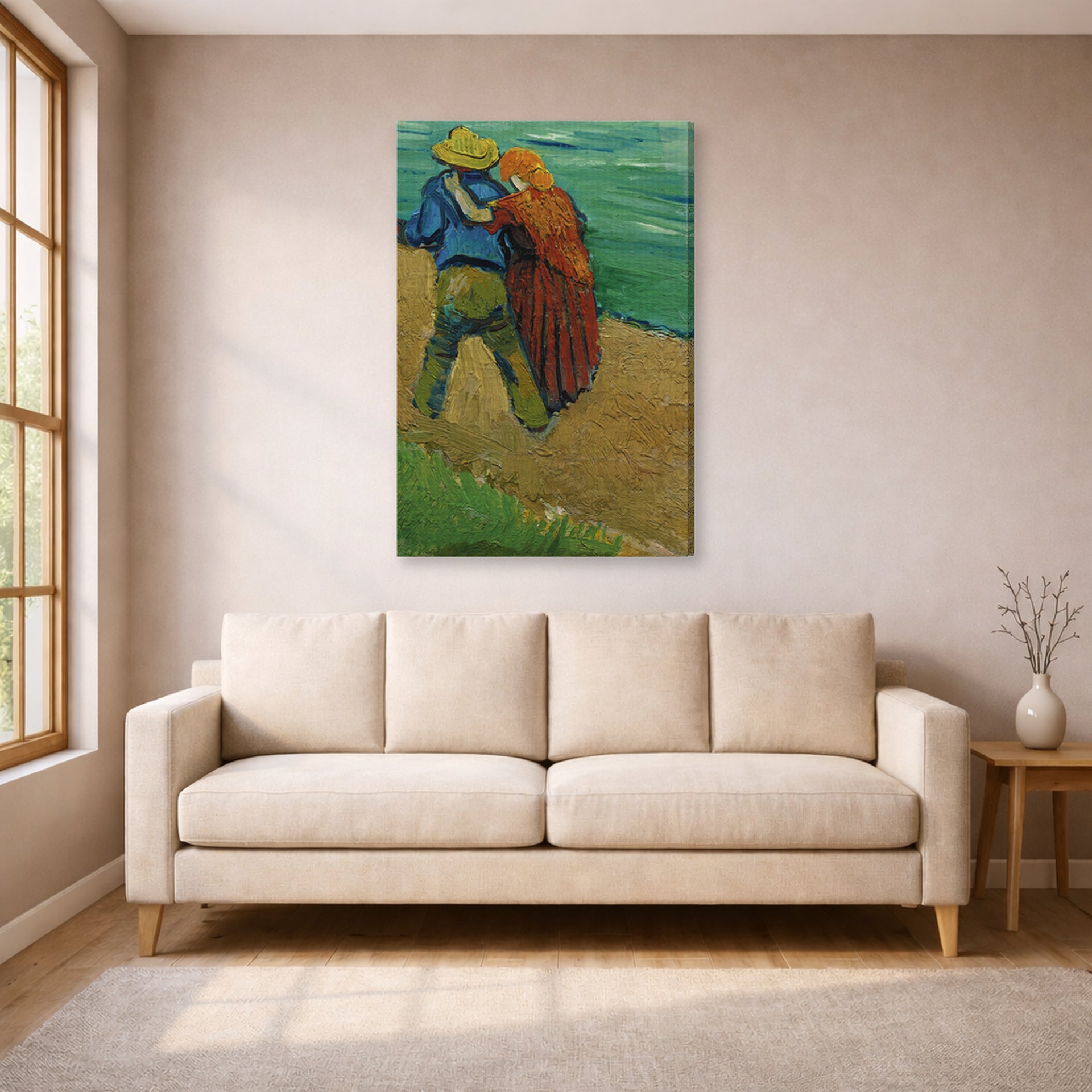 Gallery-wrapped canvas print of Vincent van Gogh's Two Lovers displayed on a wall in a living room