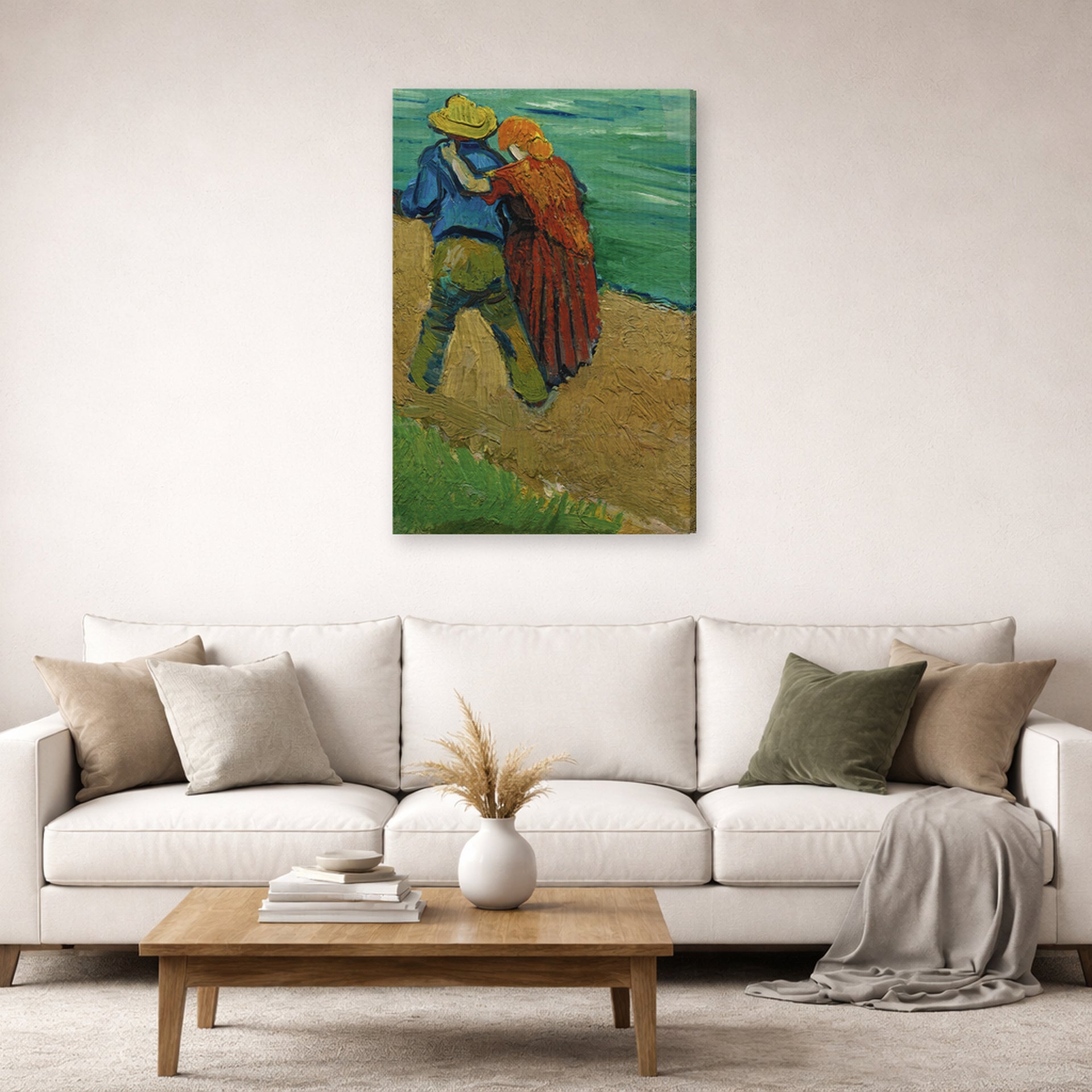 Gallery-wrapped canvas print of Vincent van Gogh's Two Lovers displayed on a wall in a living room