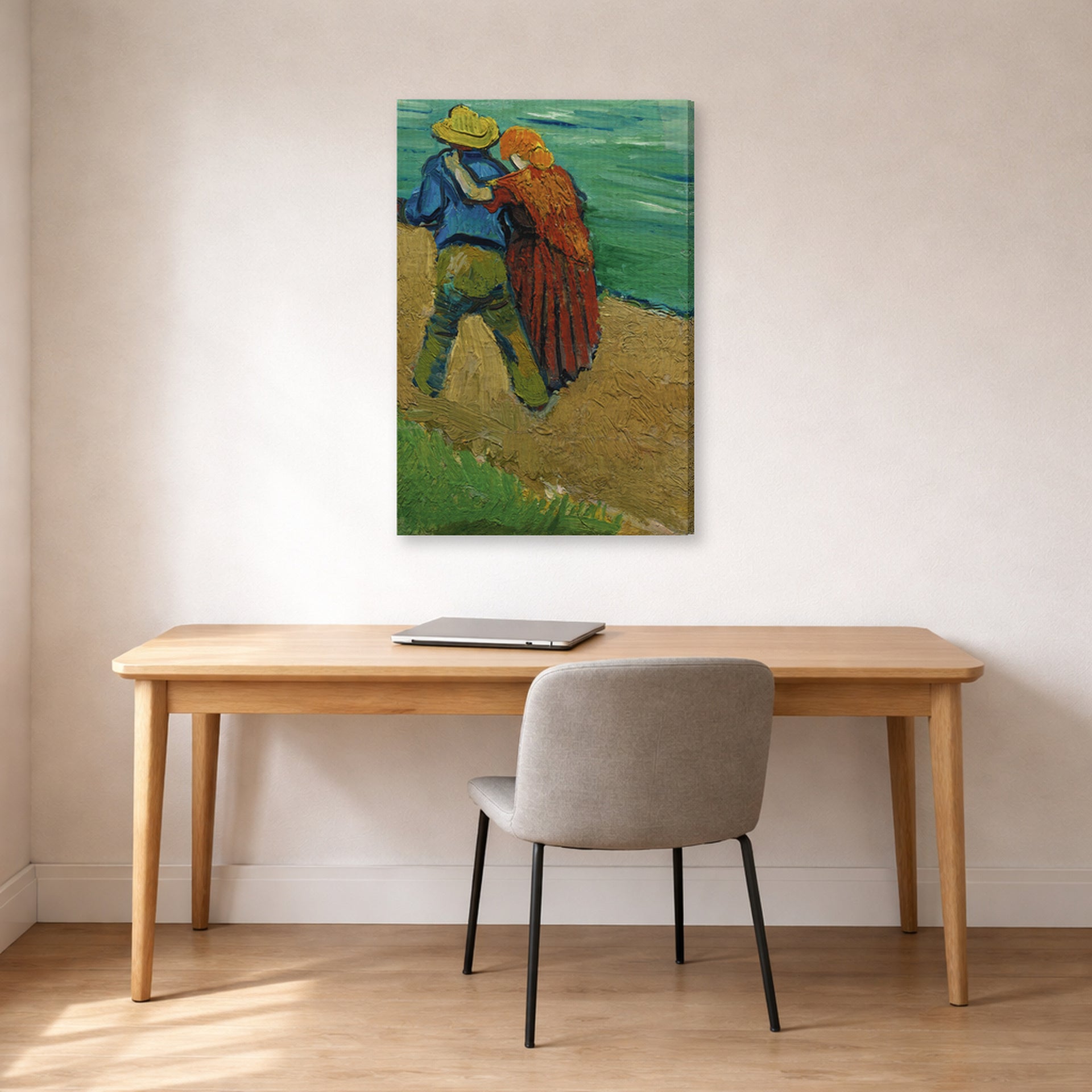 Gallery-wrapped canvas print of Vincent van Gogh's Two Lovers displayed on a wall in a home office