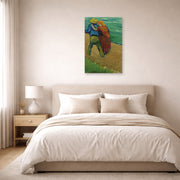 Unframed poster print of Vincent van Gogh's Two Lovers displayed on a wall in a bedroom