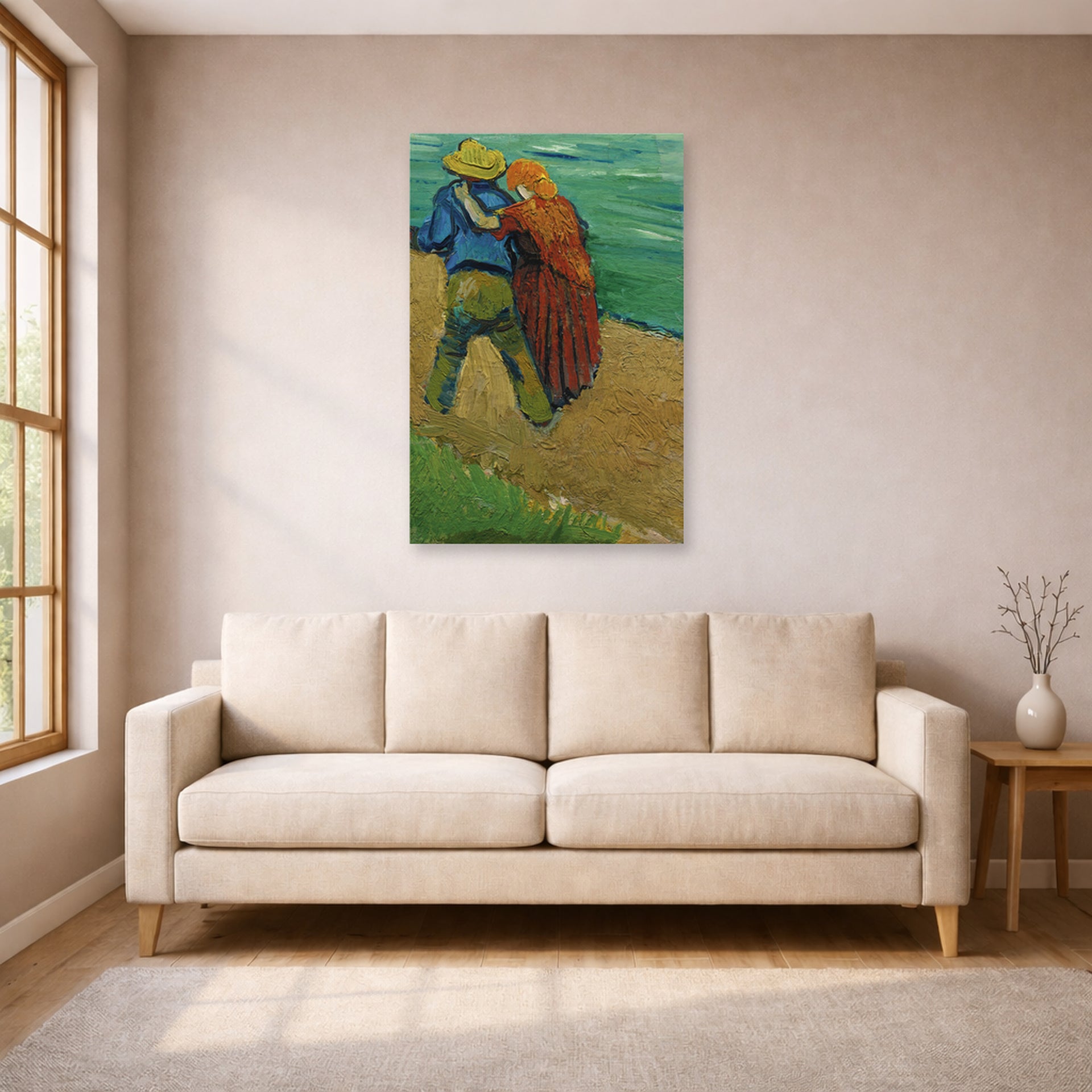 Unframed poster print of Vincent van Gogh's Two Lovers displayed on a wall in a living room