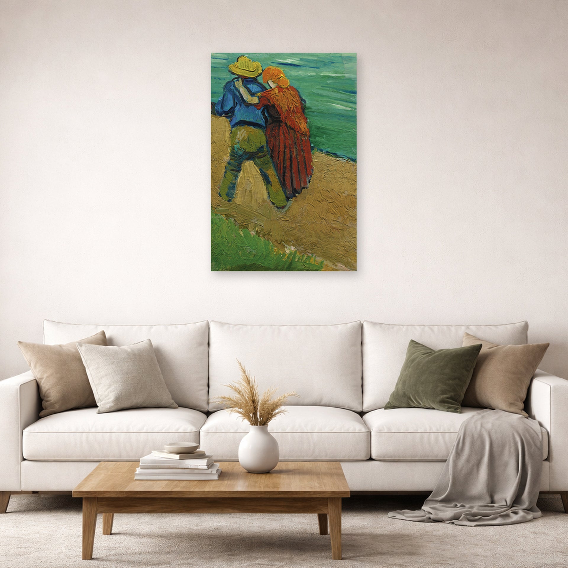 Unframed poster print of Vincent van Gogh's Two Lovers displayed on a wall in a living room