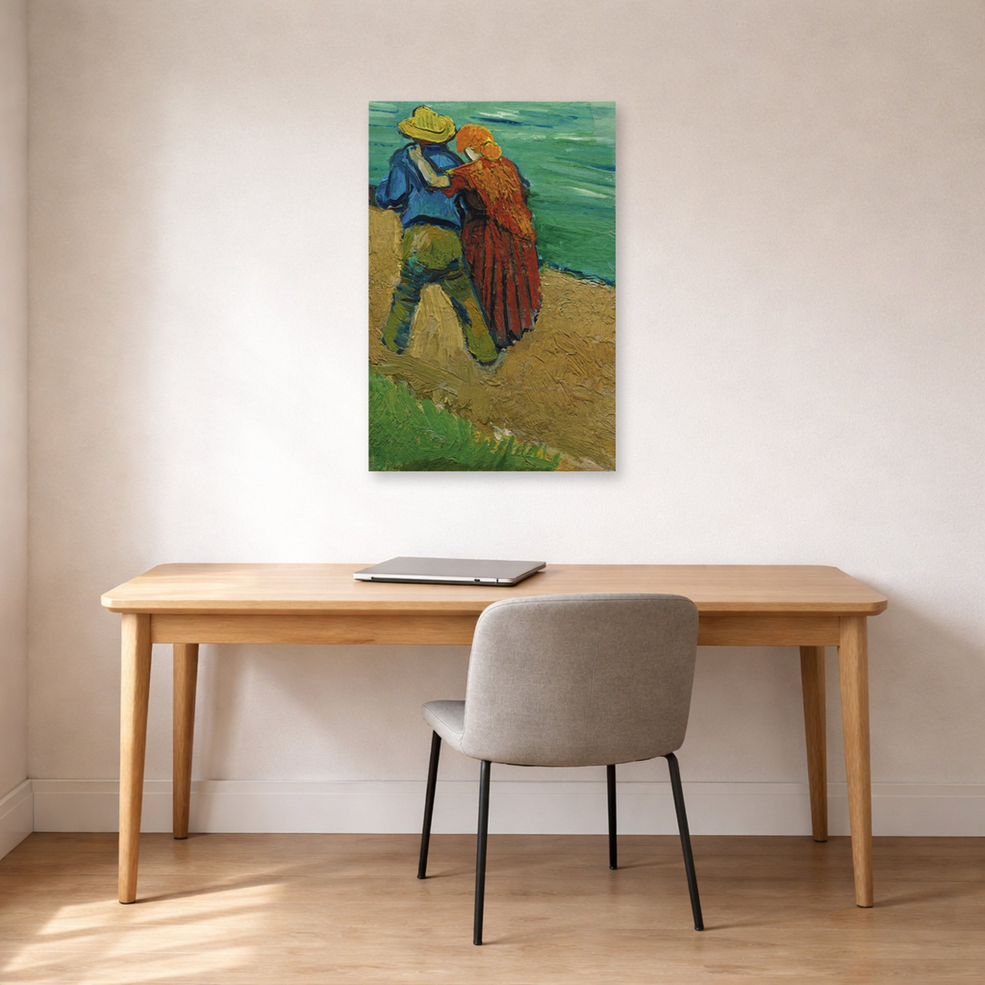 Unframed poster print of Vincent van Gogh's Two Lovers displayed on a wall in a home office