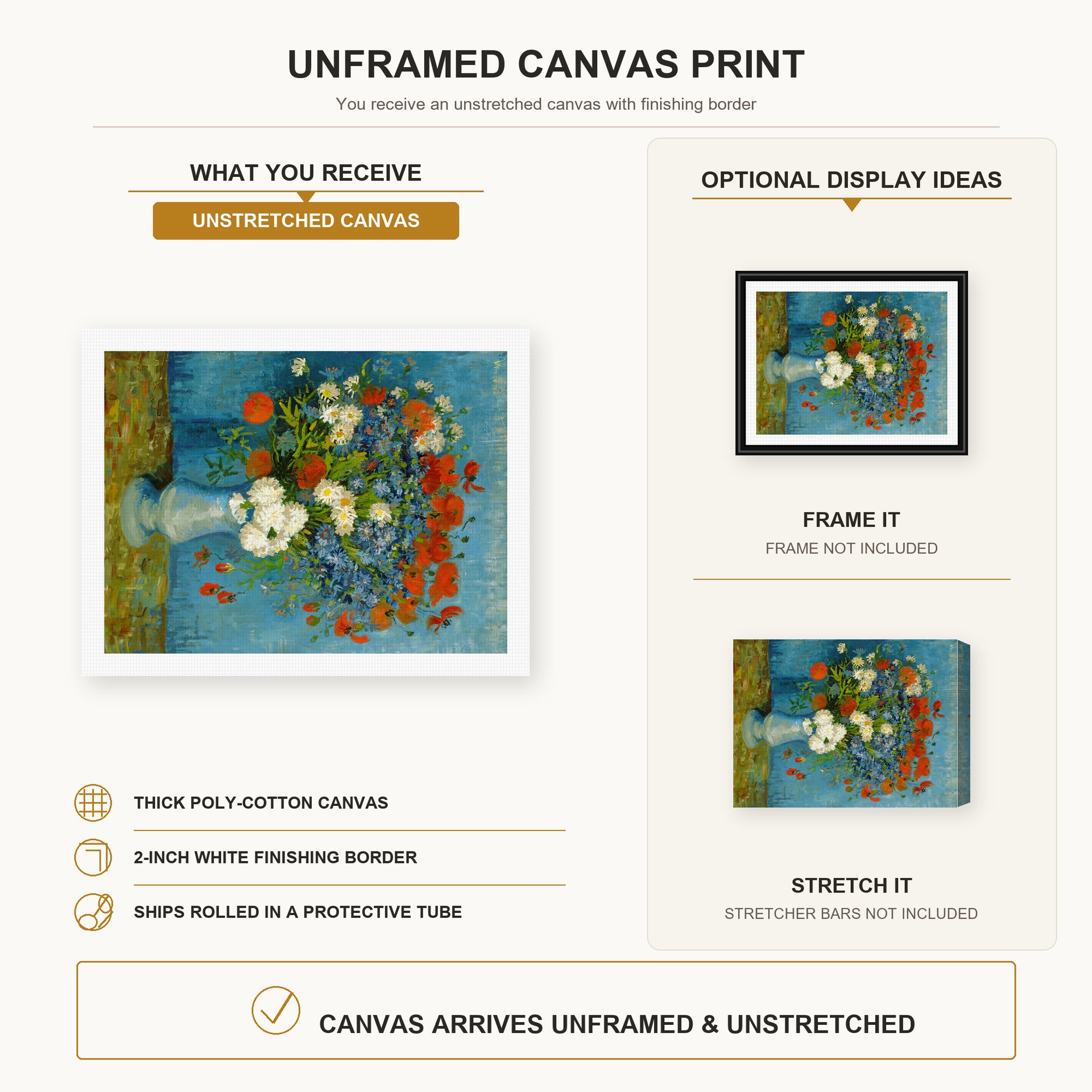 Vincent van Gogh - Vase with Cornflowers and Poppies canvas print size comparison and framing display infographic
