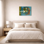 Gallery-wrapped canvas print of Vincent van Gogh's Vase with Cornflowers and Poppies displayed on a wall in a bedroom