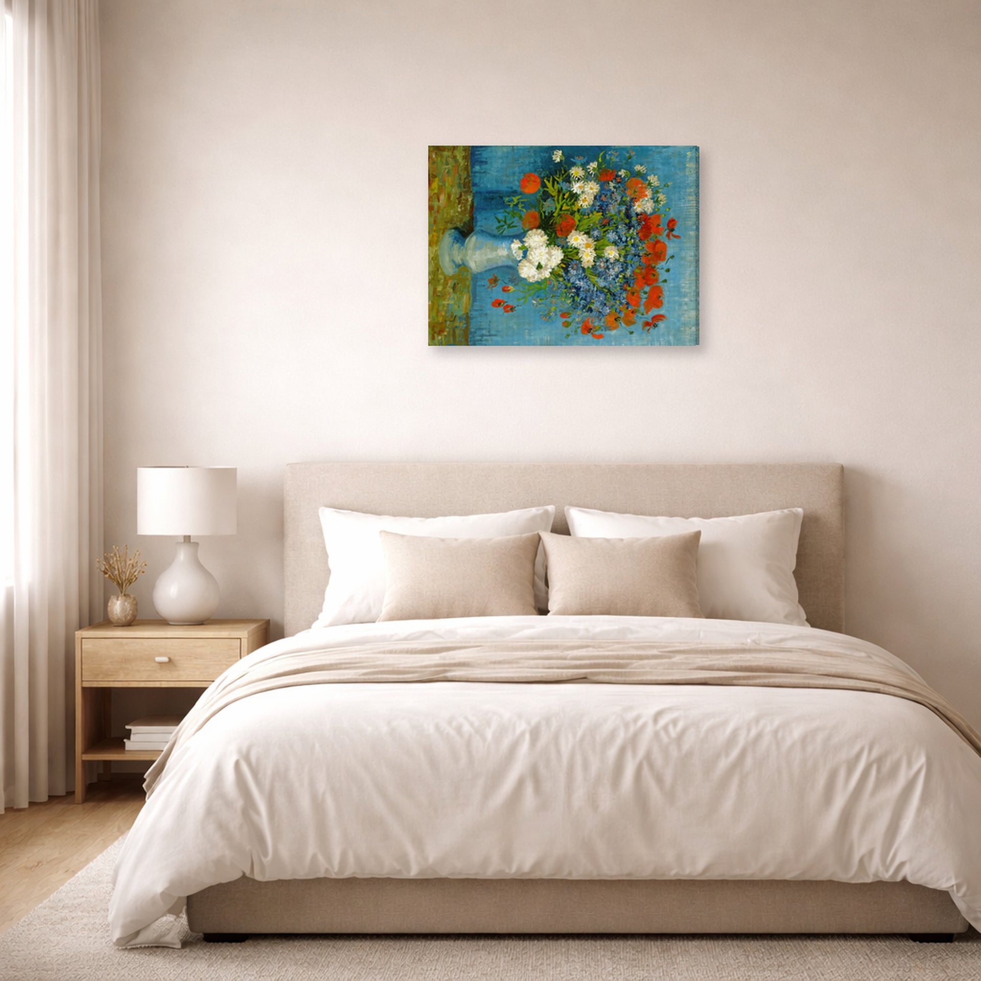 Gallery-wrapped canvas print of Vincent van Gogh's Vase with Cornflowers and Poppies displayed on a wall in a bedroom
